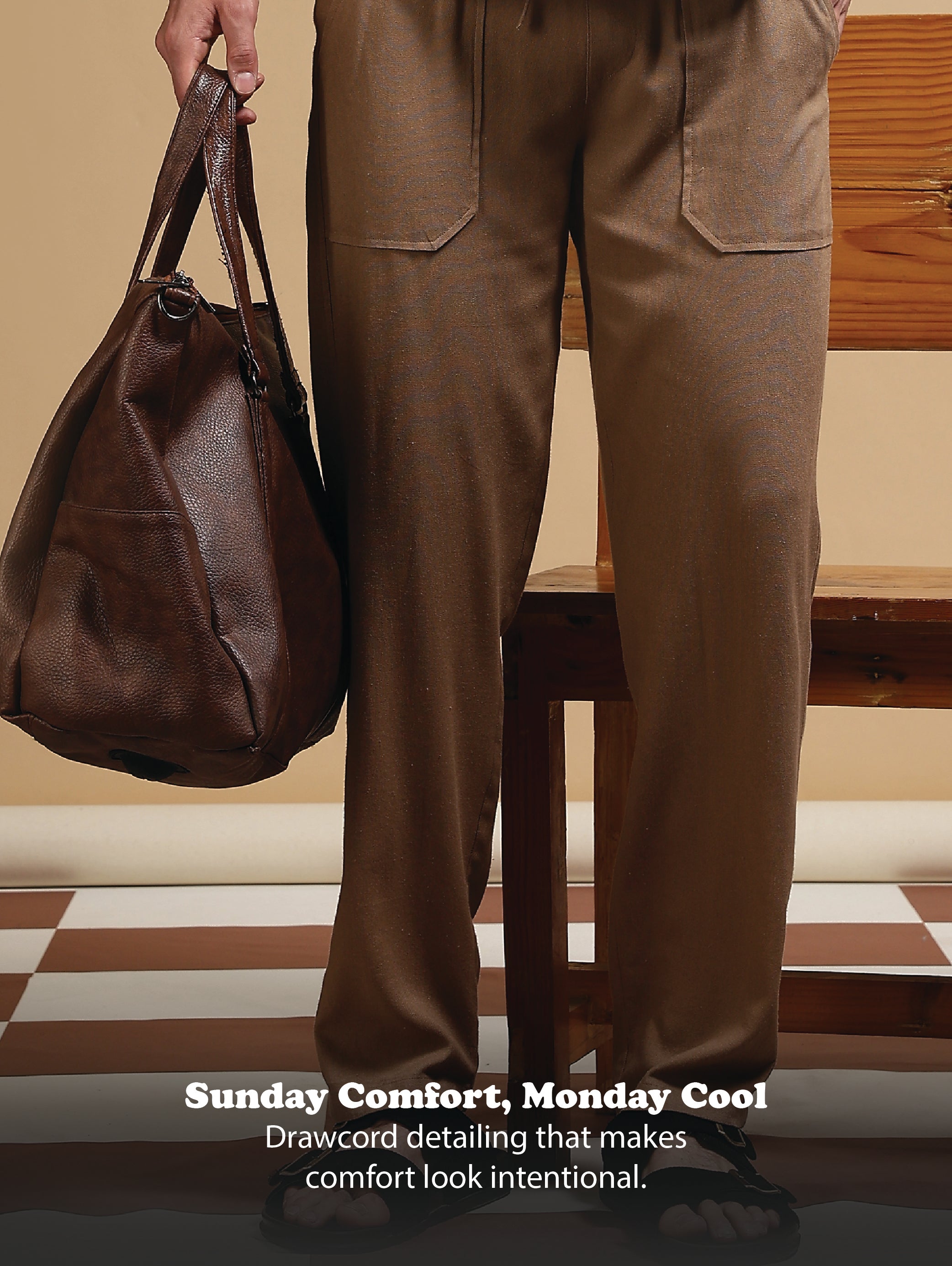 Men Khaki Linen Blend Loose Fit Drawcord Trousers