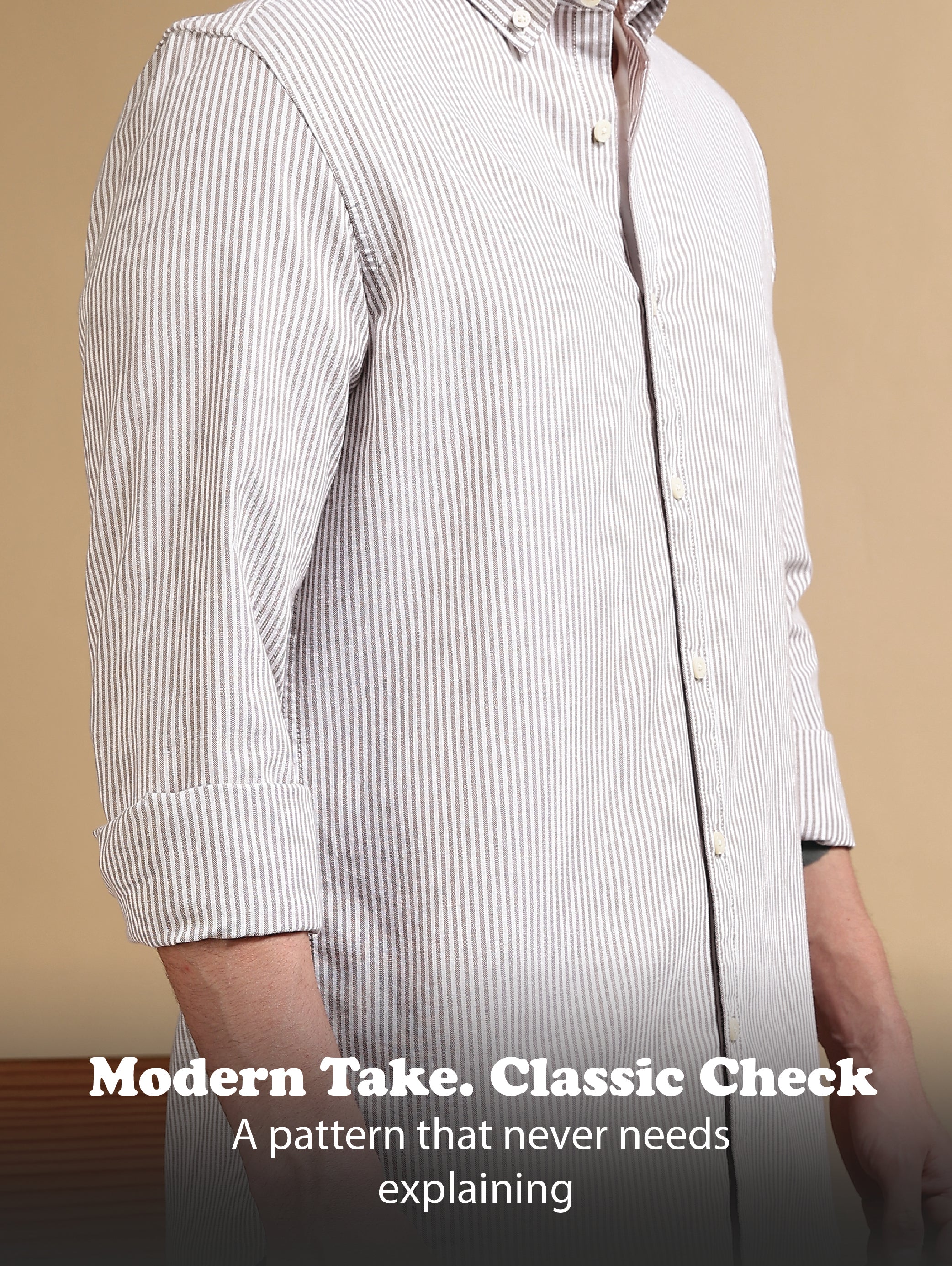 Men Brown Cotton Oxford Slim Fit Striped Shirt