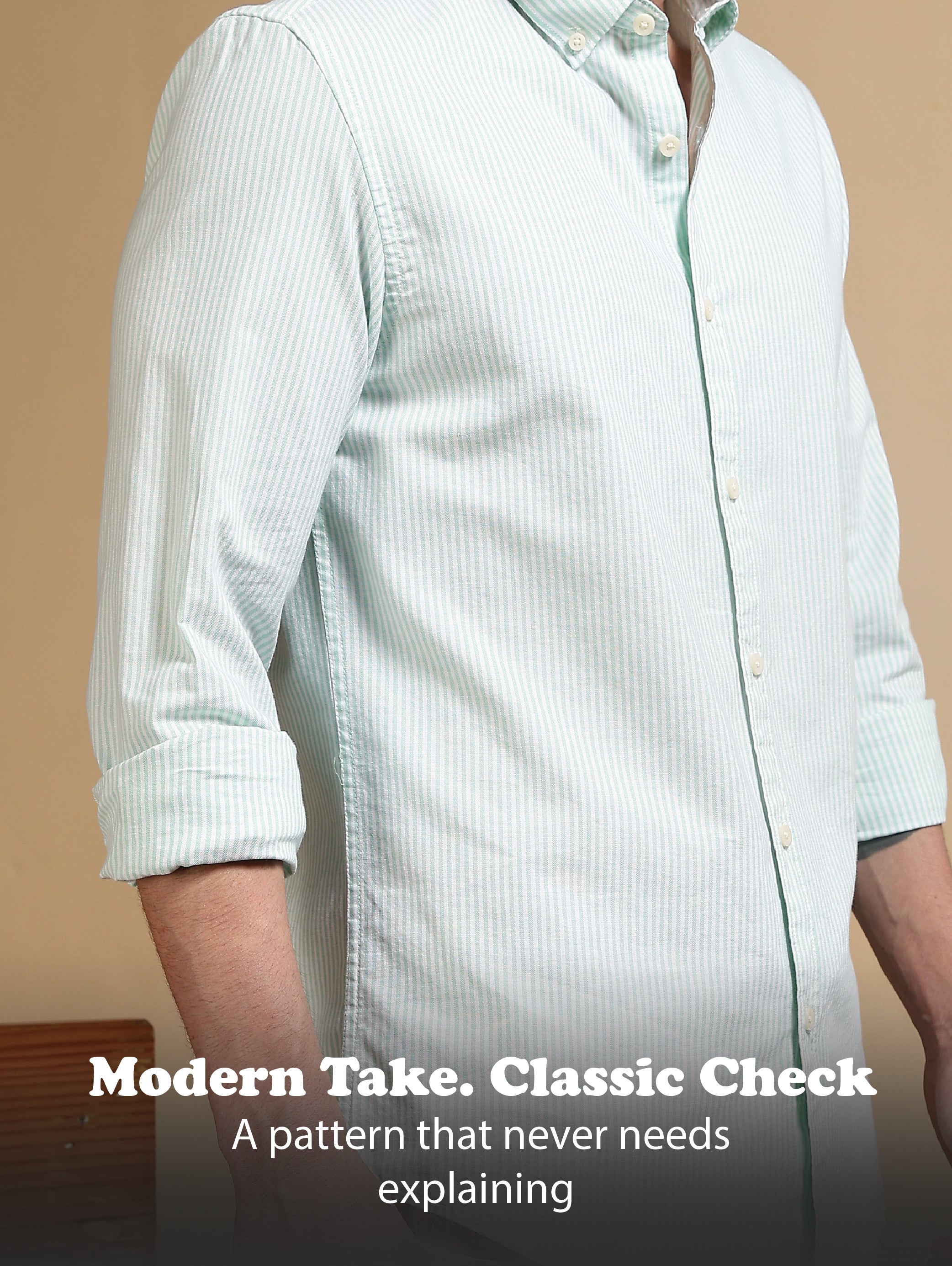 Men Green Cotton Oxford Slim Fit Striped Shirt