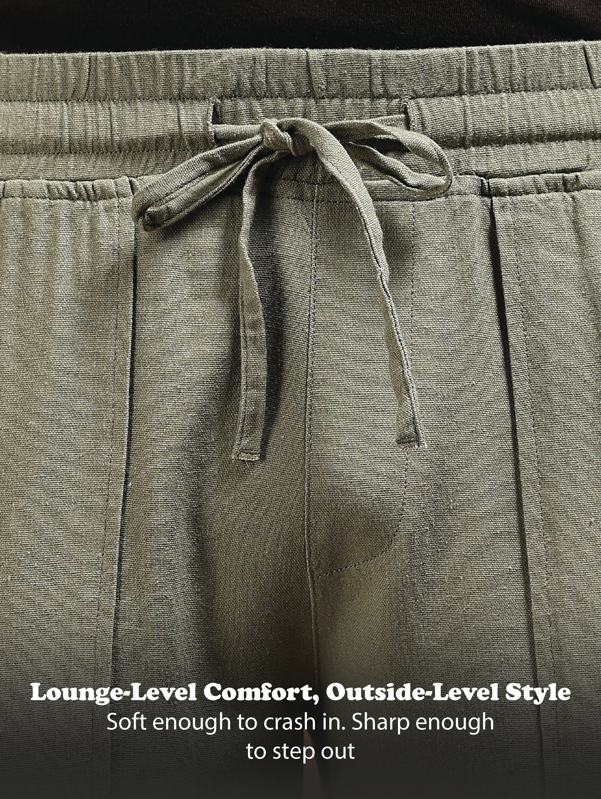 Men Olive Linen Blend Loose Fit Drawcord Trousers