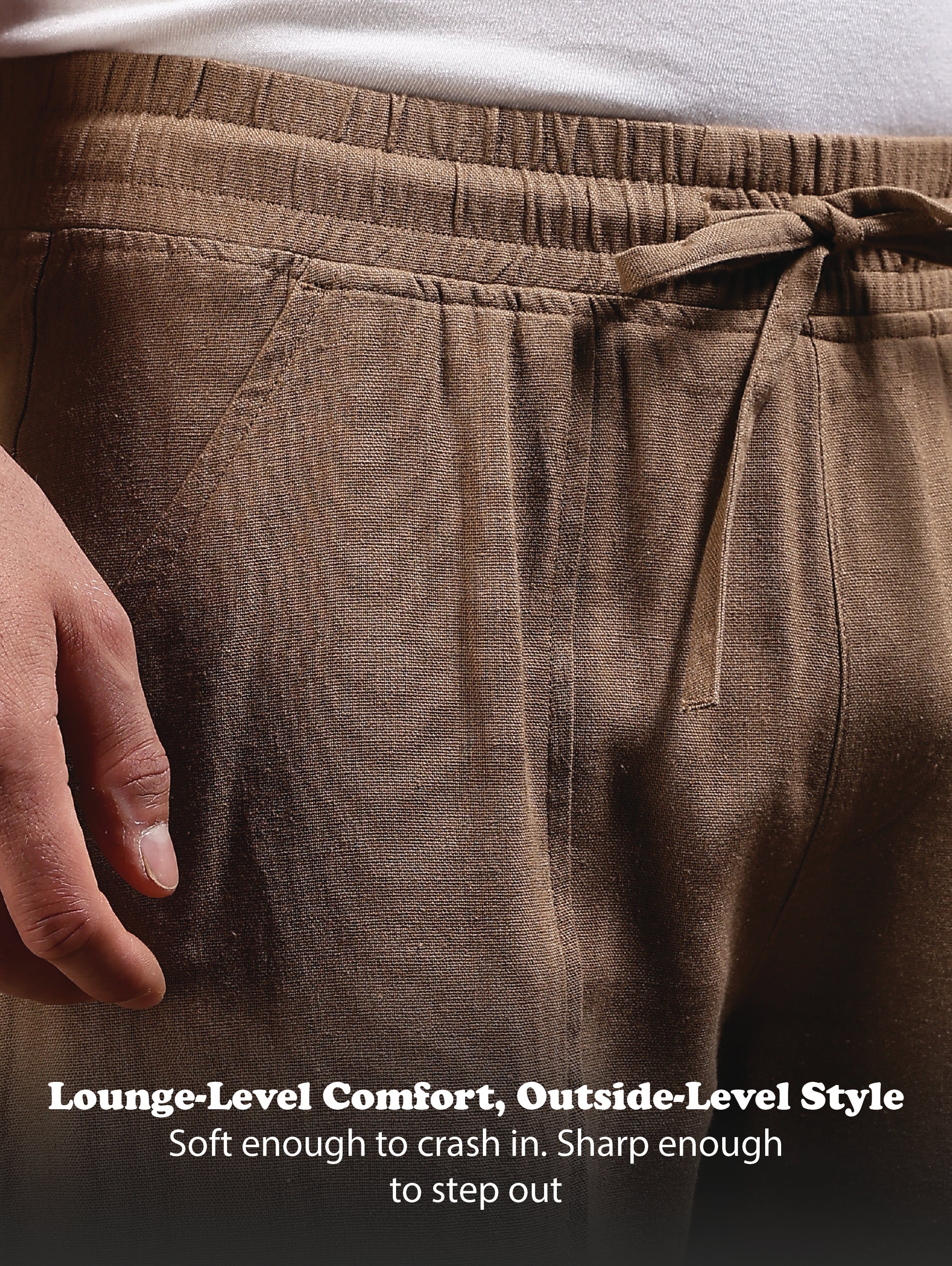 Men Khaki Linen Blend Loose Fit Drawcord Trousers