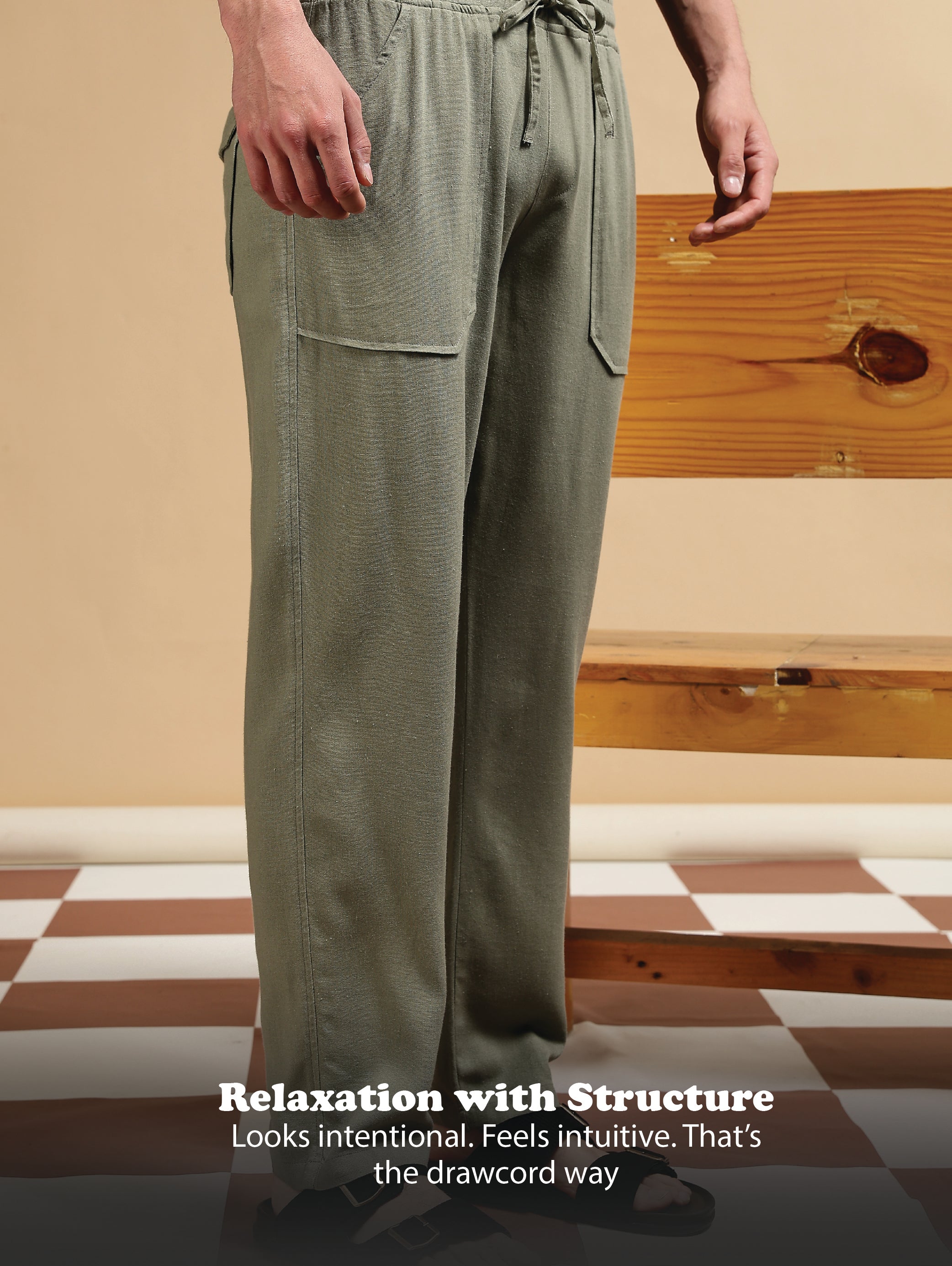 Men Olive Linen Blend Loose Fit Drawcord Trousers