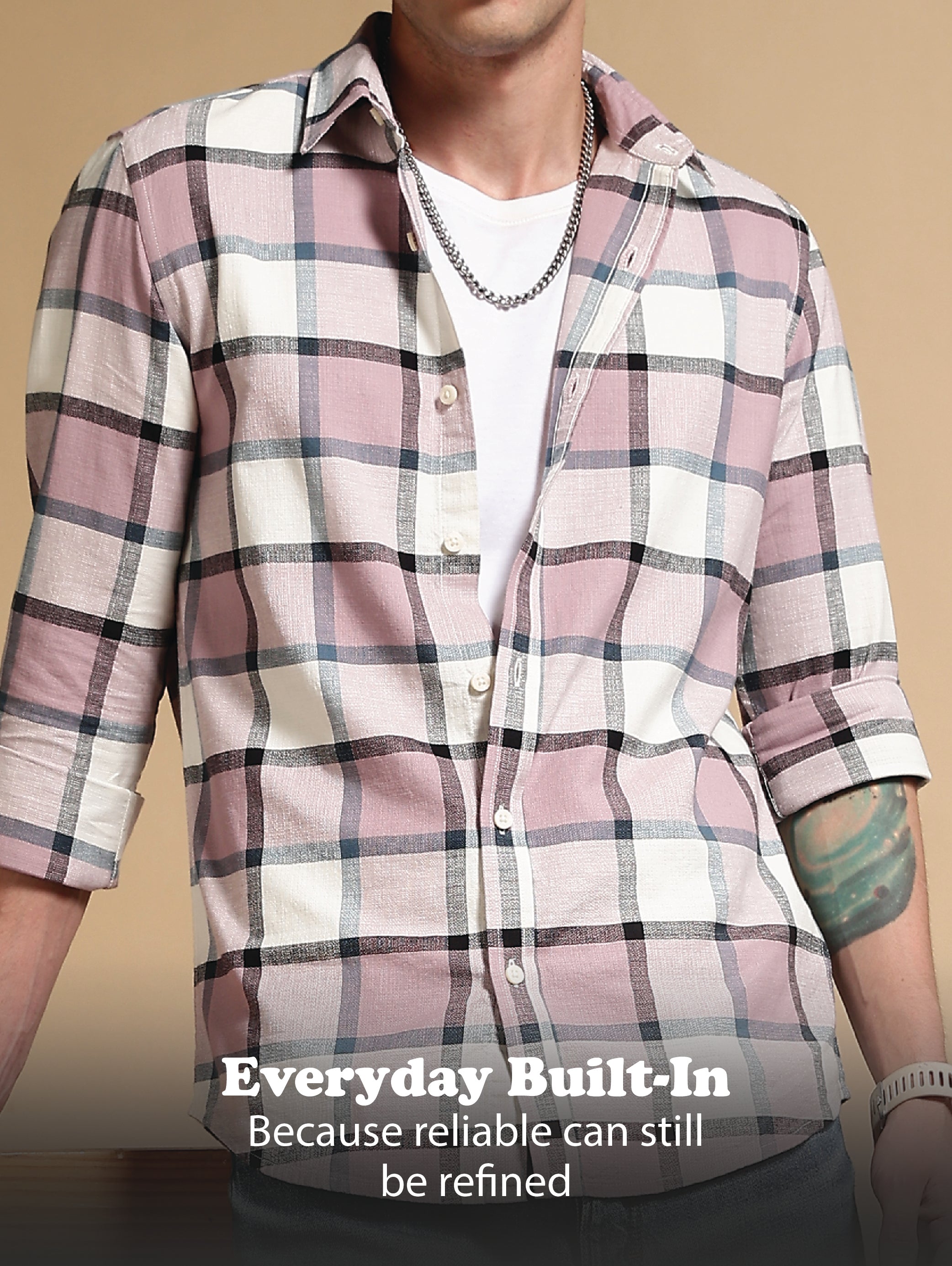 Men Pink Slim Fit Cotton Check Shirt