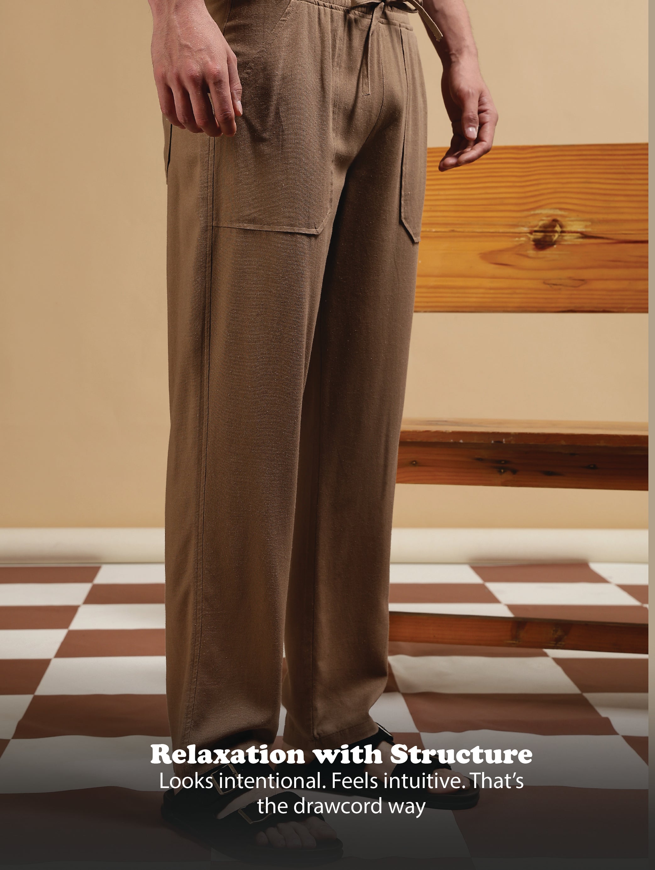 Men Khaki Linen Blend Loose Fit Drawcord Trousers