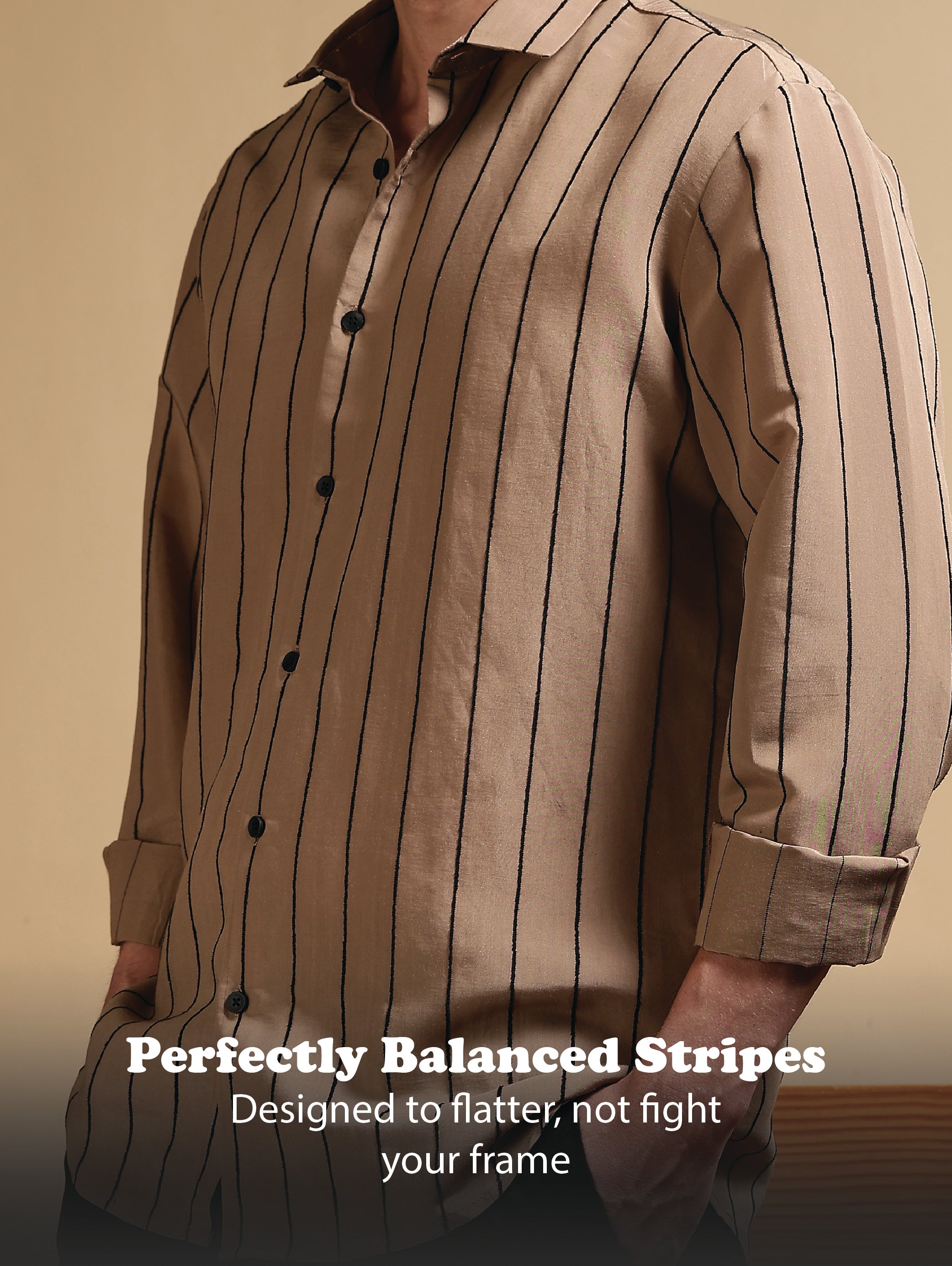 Men Khaki Nylon Slim Fit Striped Shirt