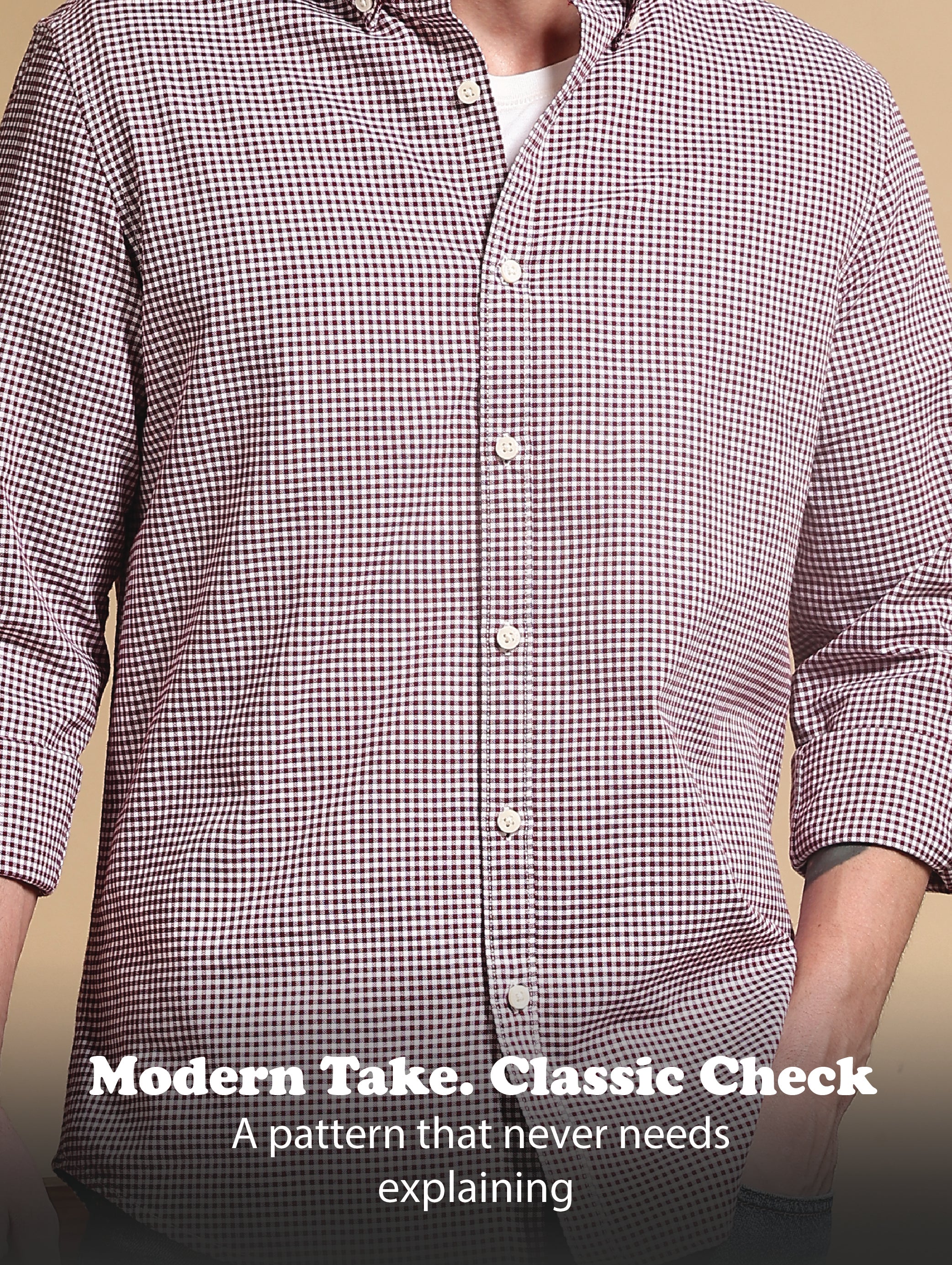 Men Maroon Cotton Oxford Slim Fit Mini Checks Shirt