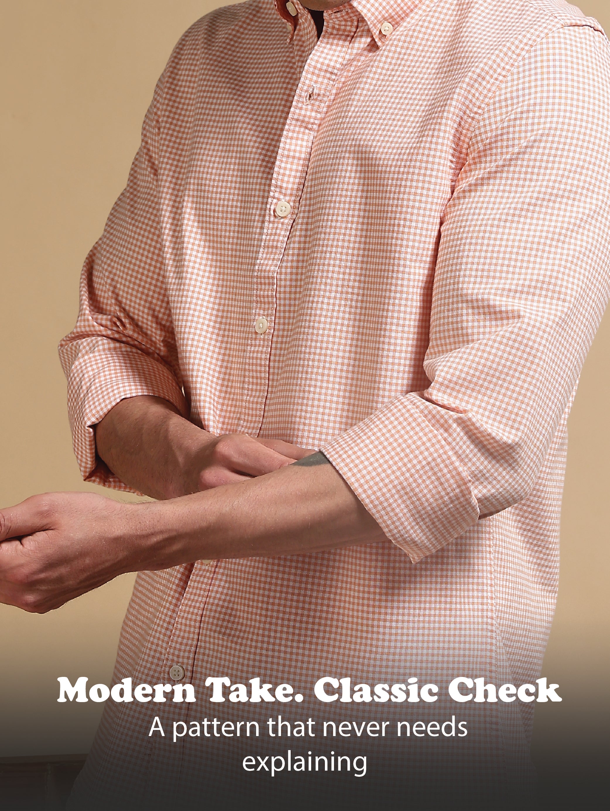 Men Orange Cotton Oxford Slim Fit Mini Checks Shirt