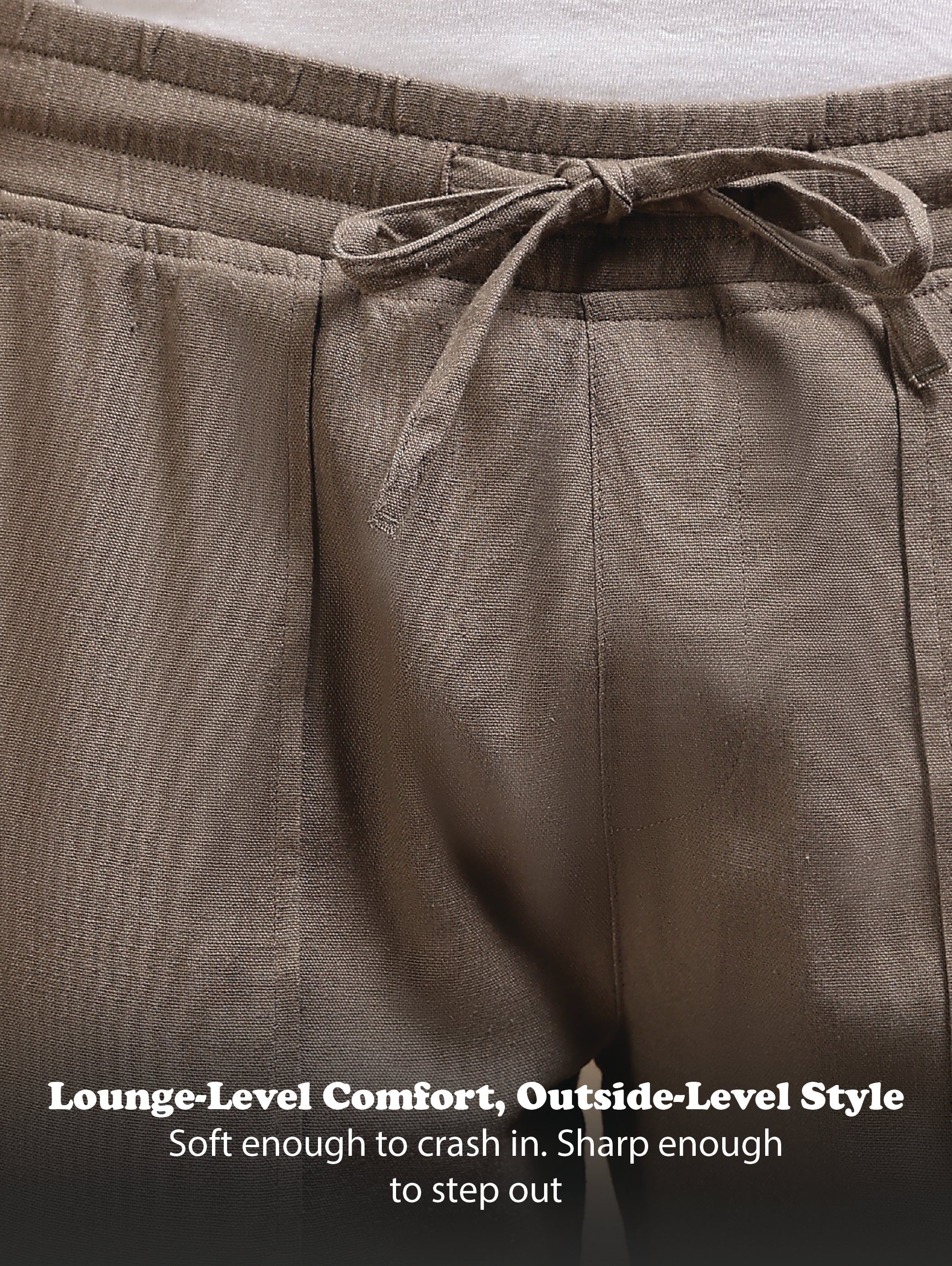 Men Brown Linen Blend Loose Fit Drawcord Trousers