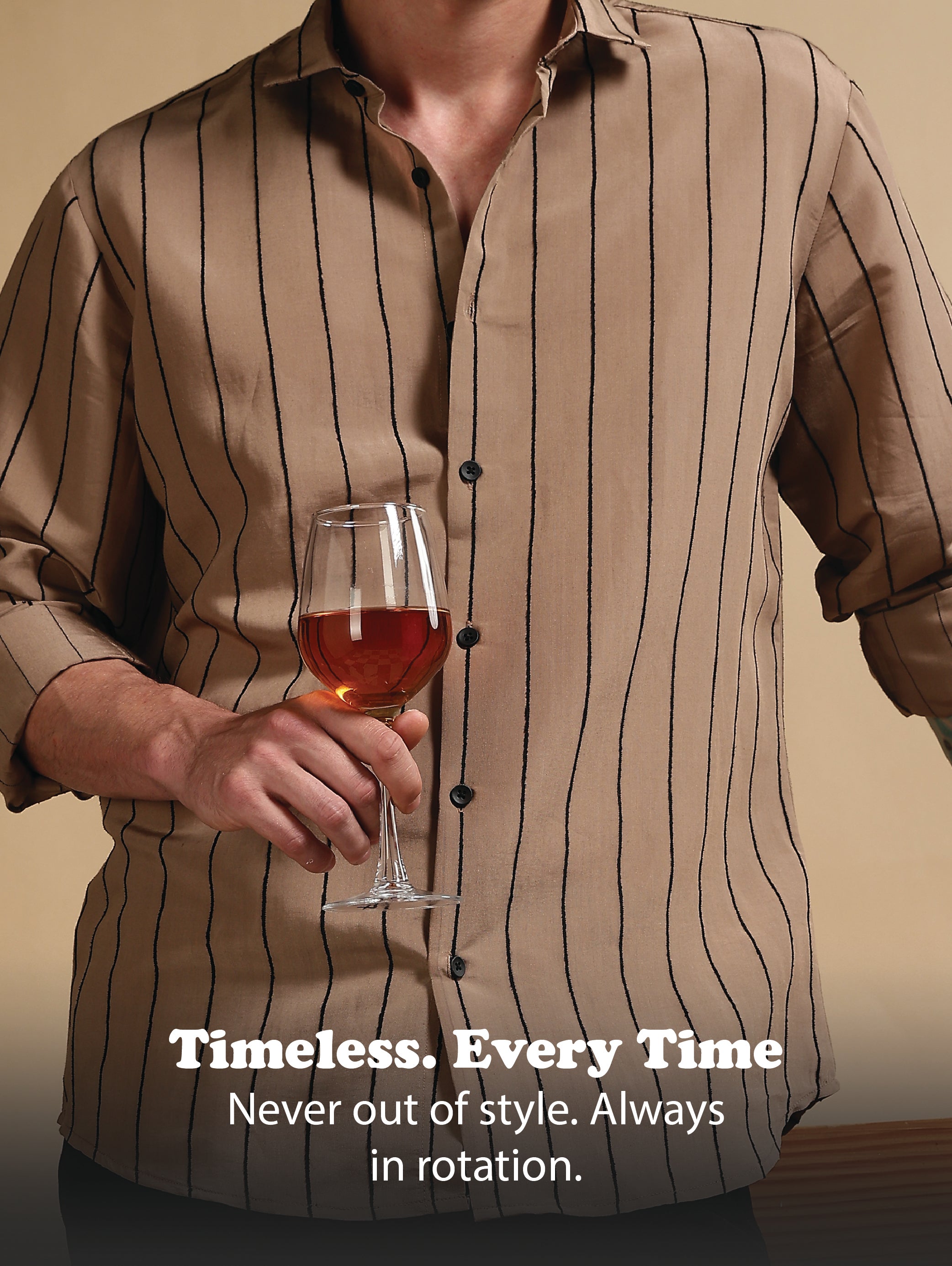 Men Khaki Nylon Slim Fit Striped Shirt