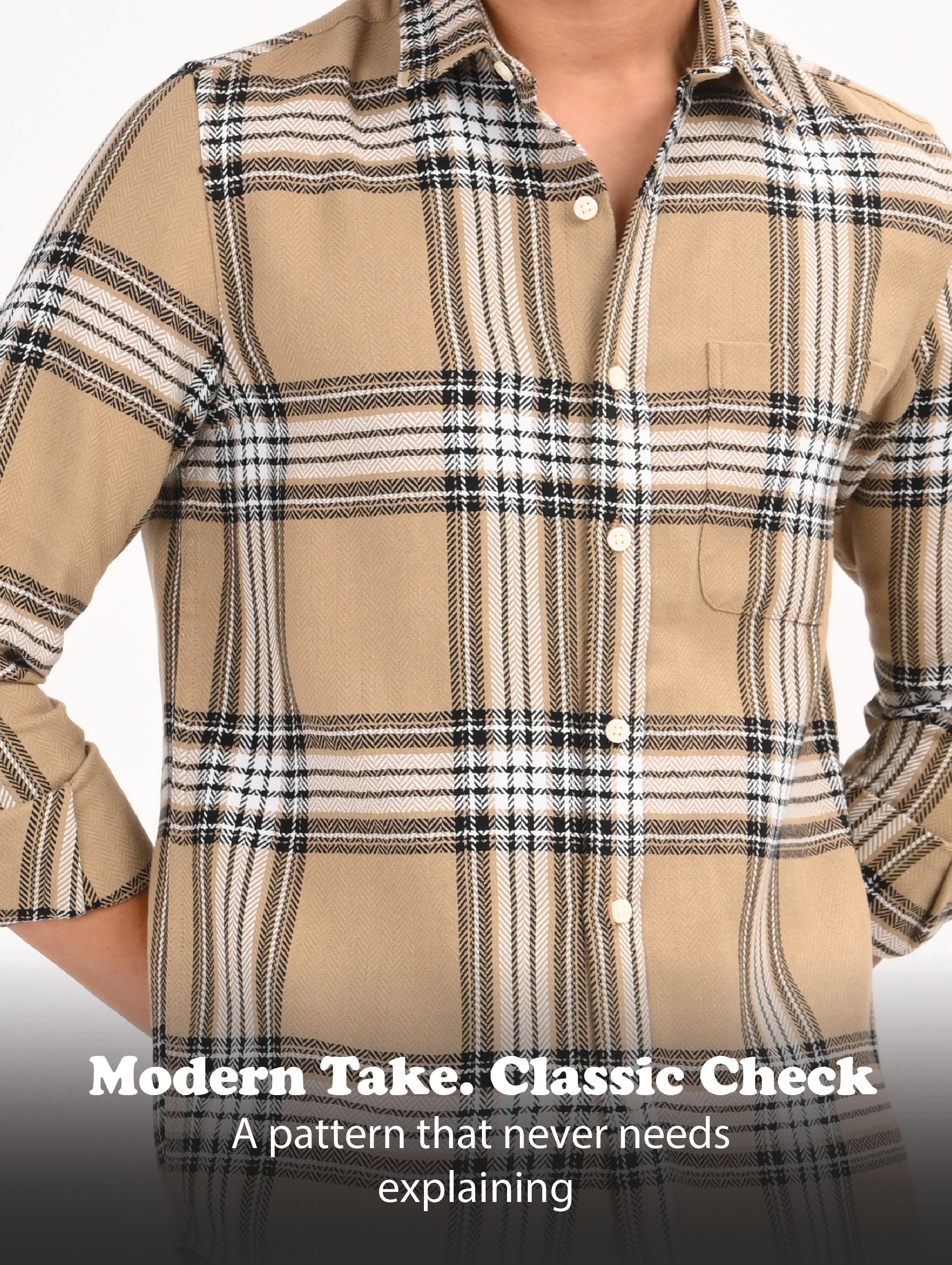 Men Khaki Herringbone Checked Shirt