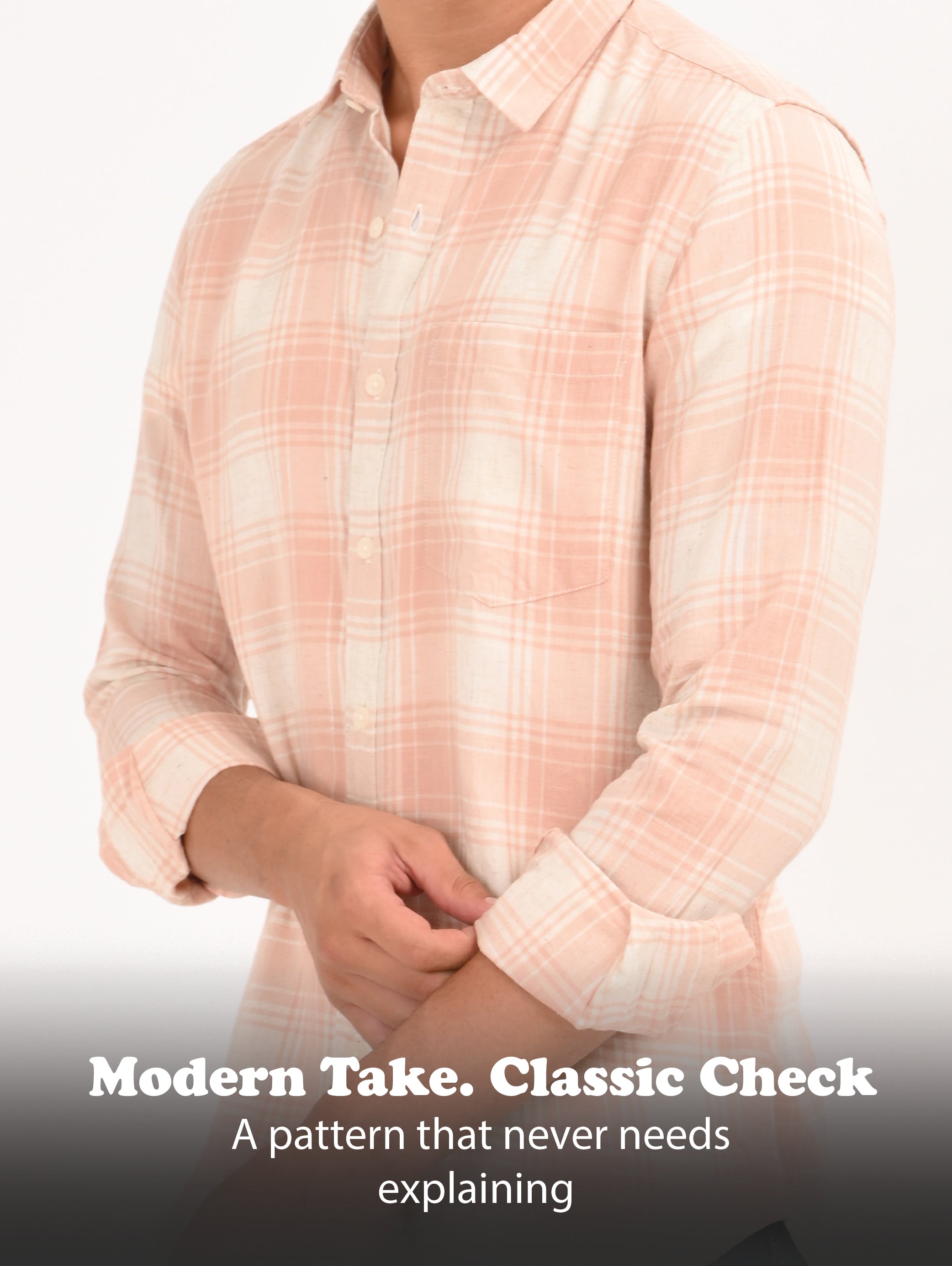 Men Peach Linen Cotton Checked Shirt