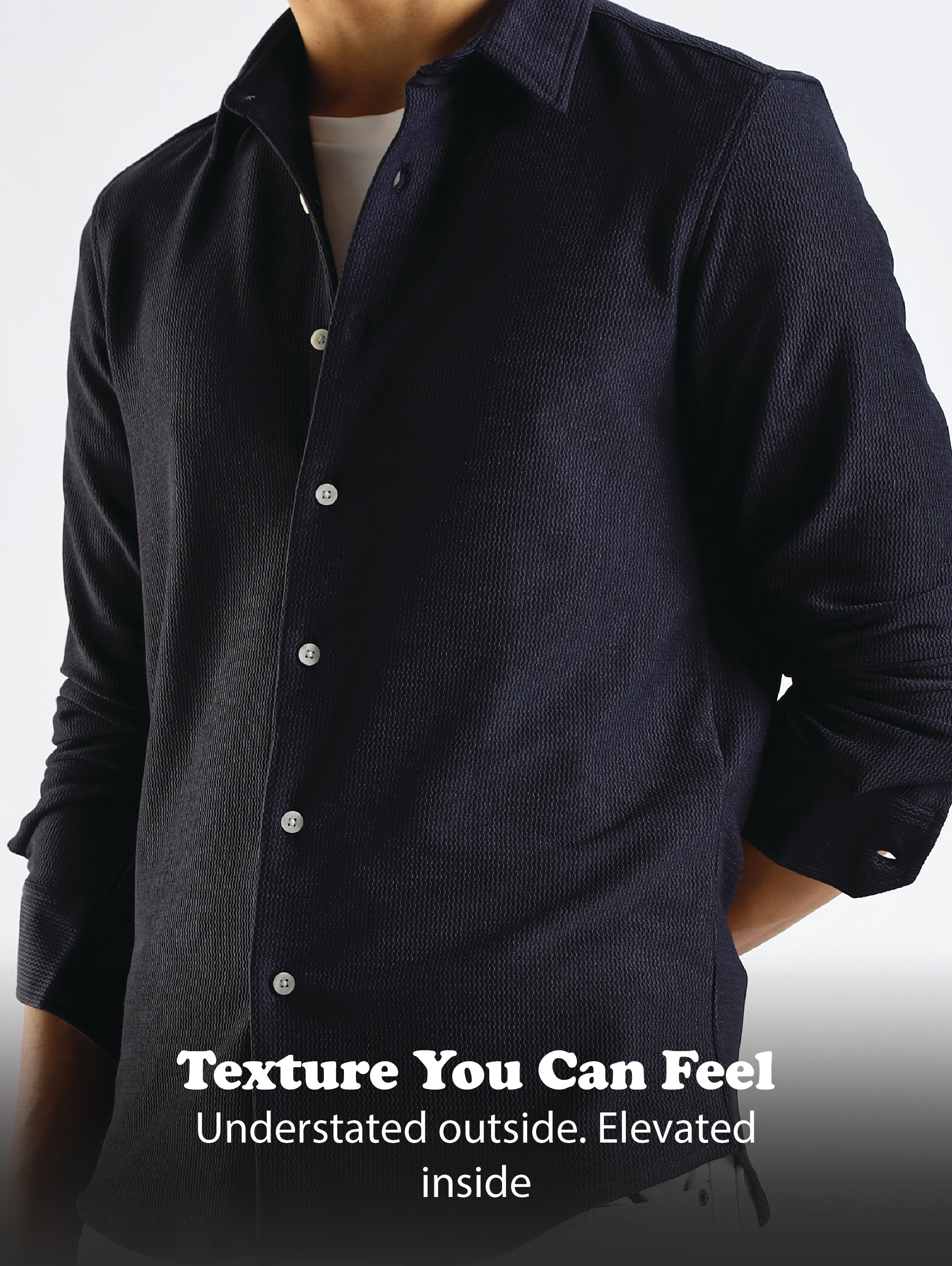 Men Navy Blue Textured Spread Collar Shirt