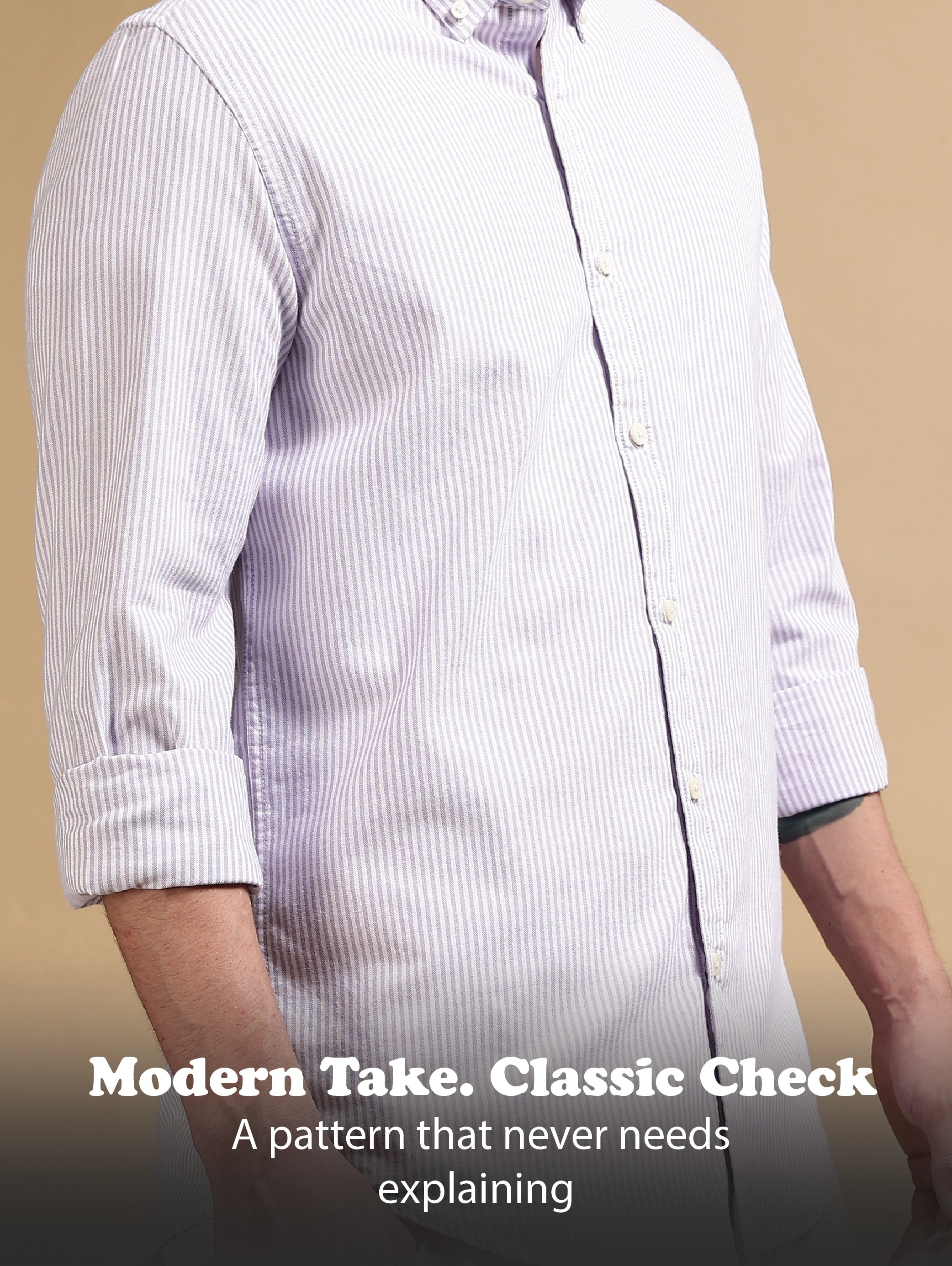 Men Lavender Cotton Oxford Slim Fit Striped Shirt