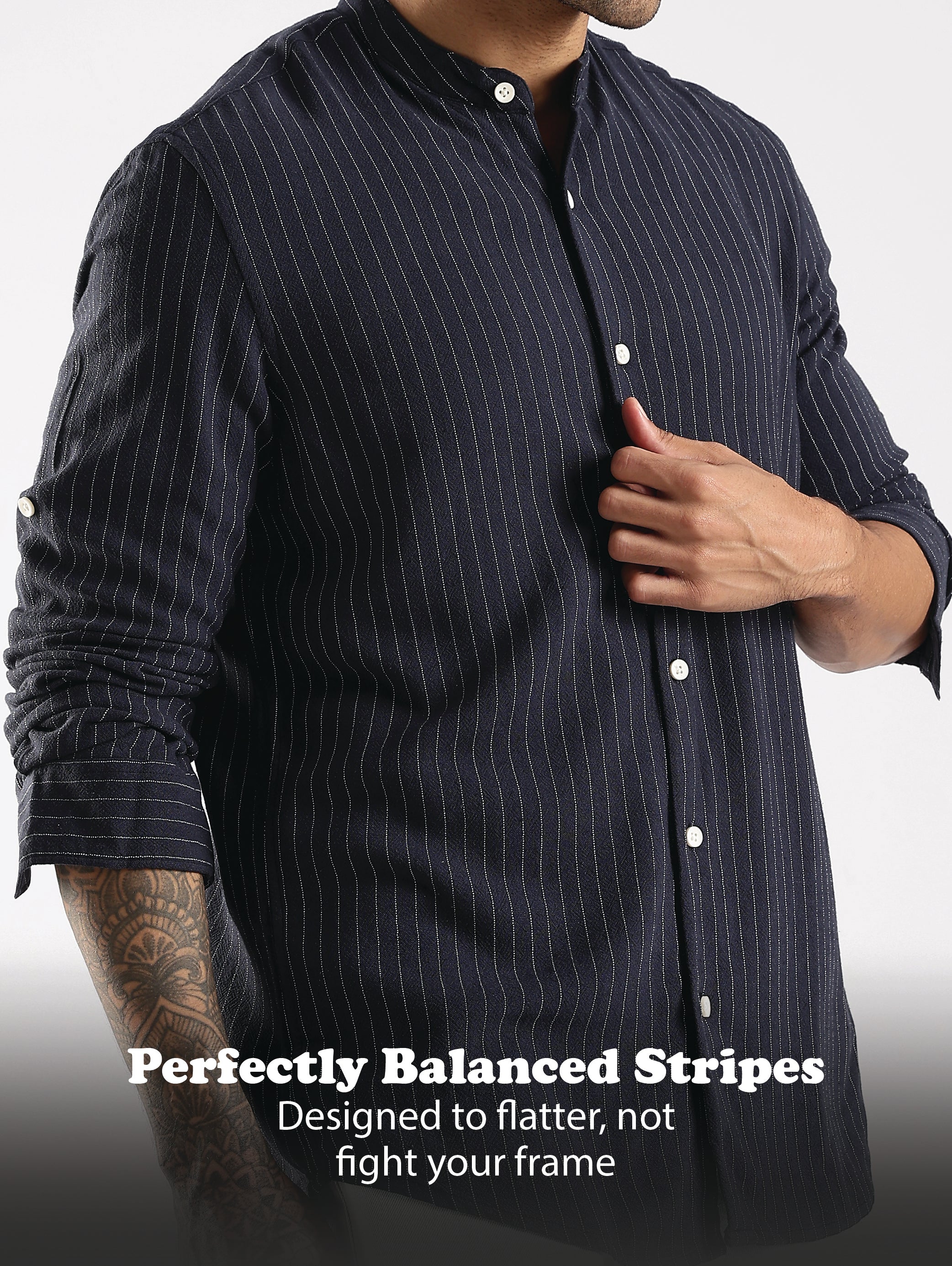 Men Navy Blue Linen Blend Striped Shirt