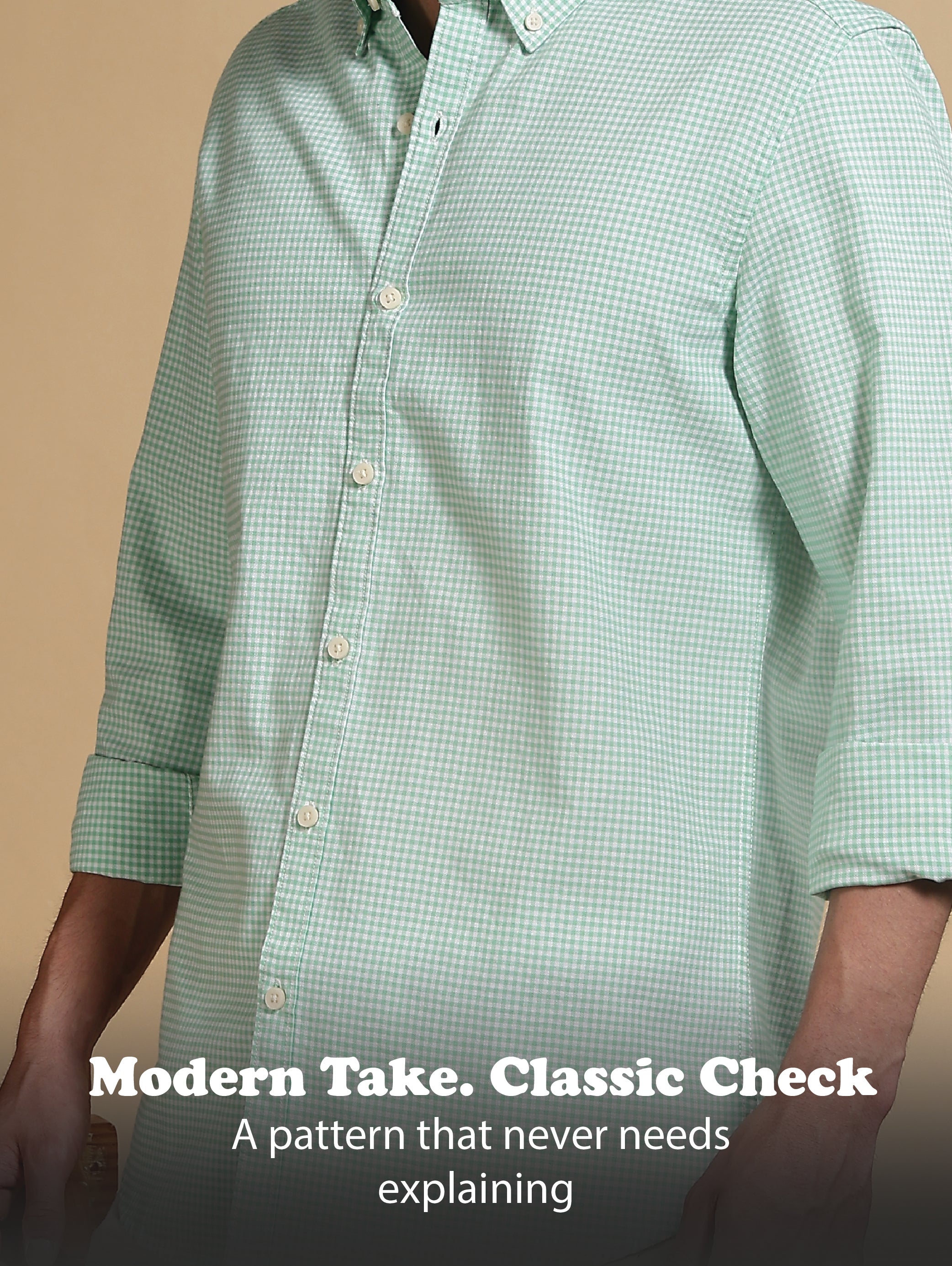 Men Green Cotton Oxford Slim Fit Mini Checks Shirt