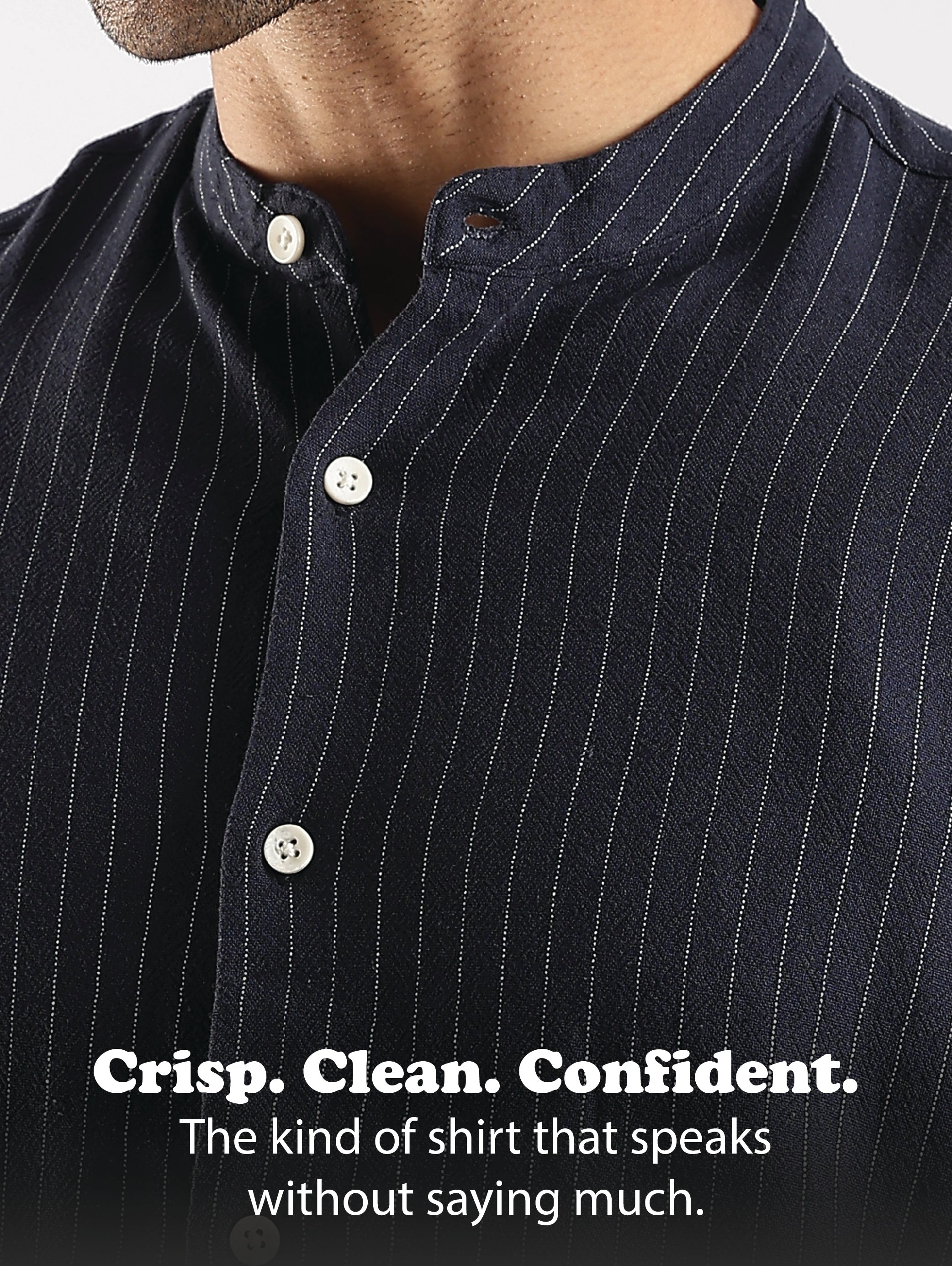 Men Navy Blue Linen Blend Striped Shirt