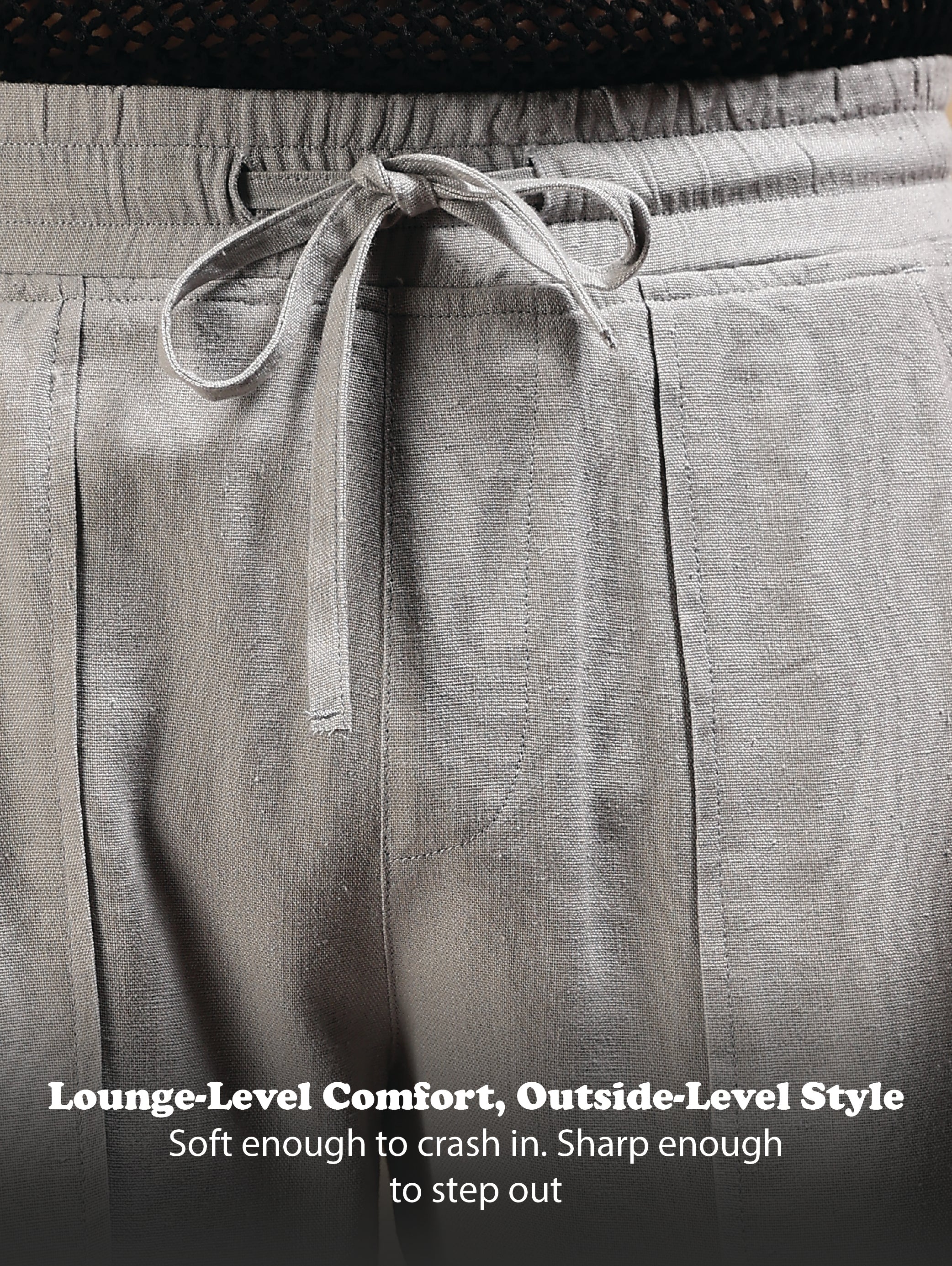 Men Grey Linen Blend Loose Fit Drawcord Trousers