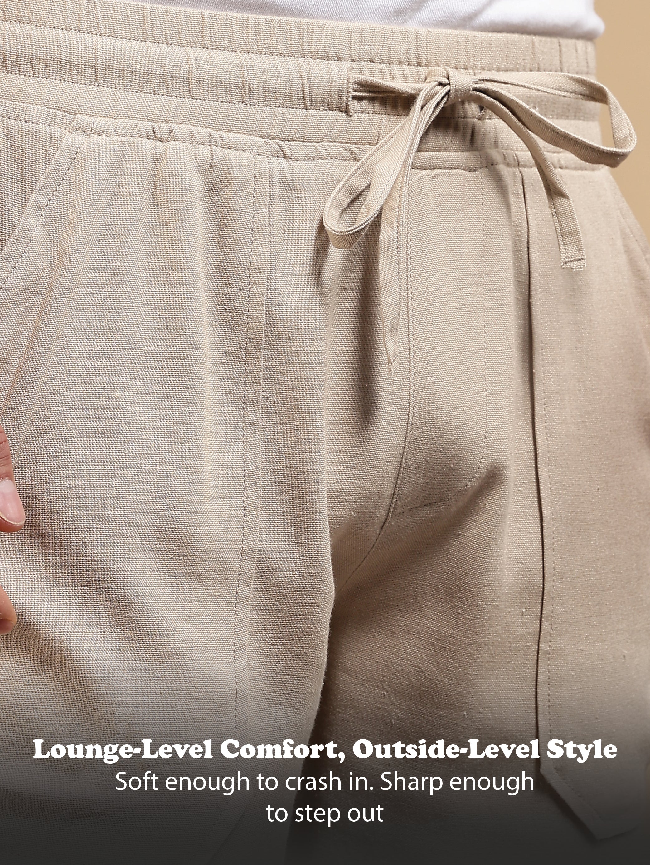 Men Cream Linen Blend Loose Fit Drawcord Trousers