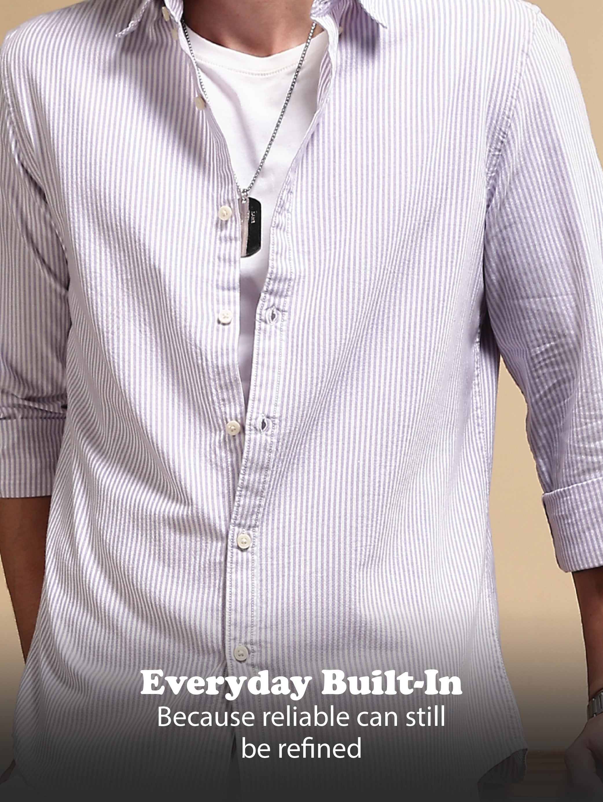 Men Lavender Cotton Oxford Slim Fit Striped Shirt