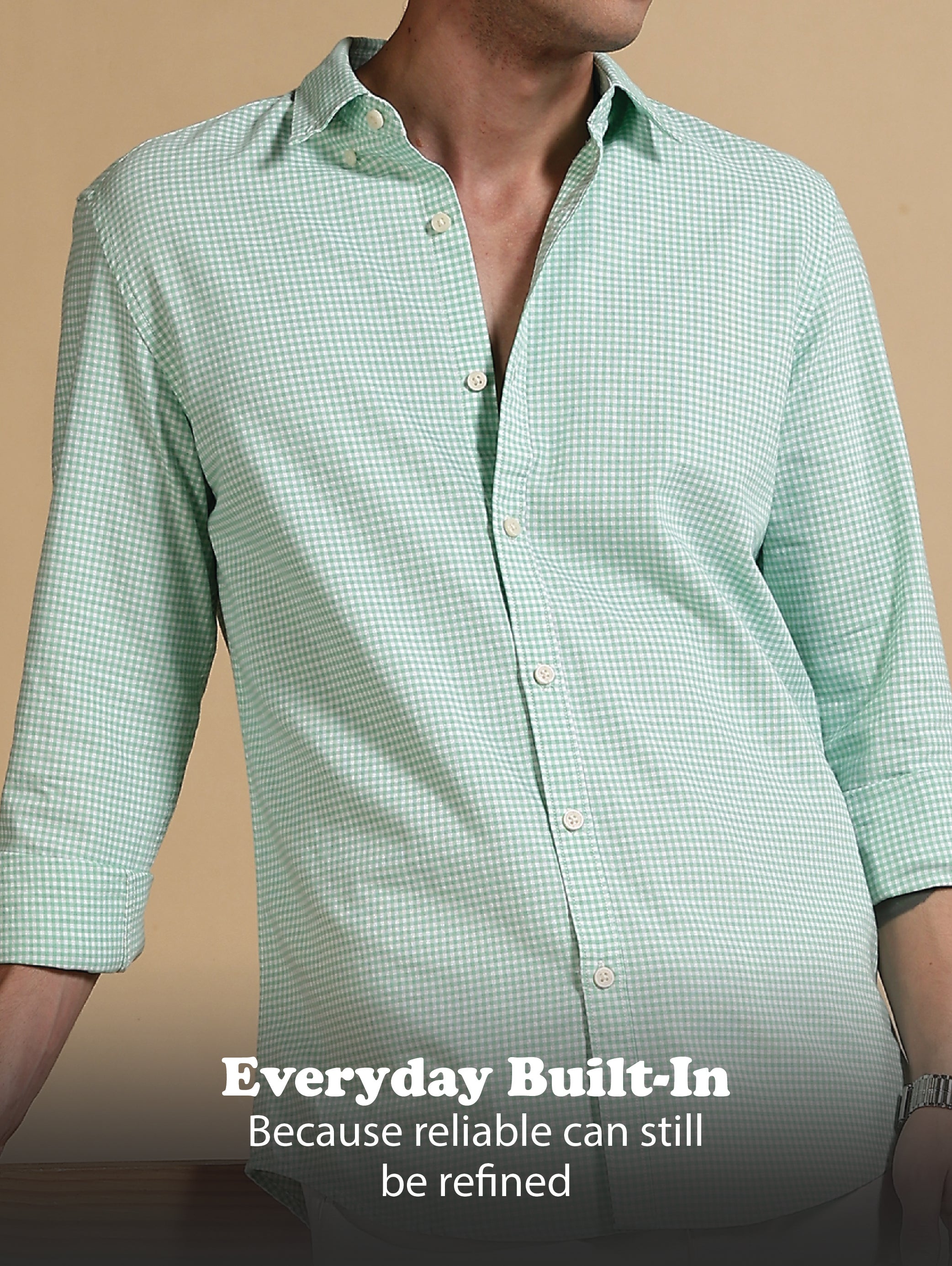 Men Green Cotton Oxford Slim Fit Mini Checks Shirt