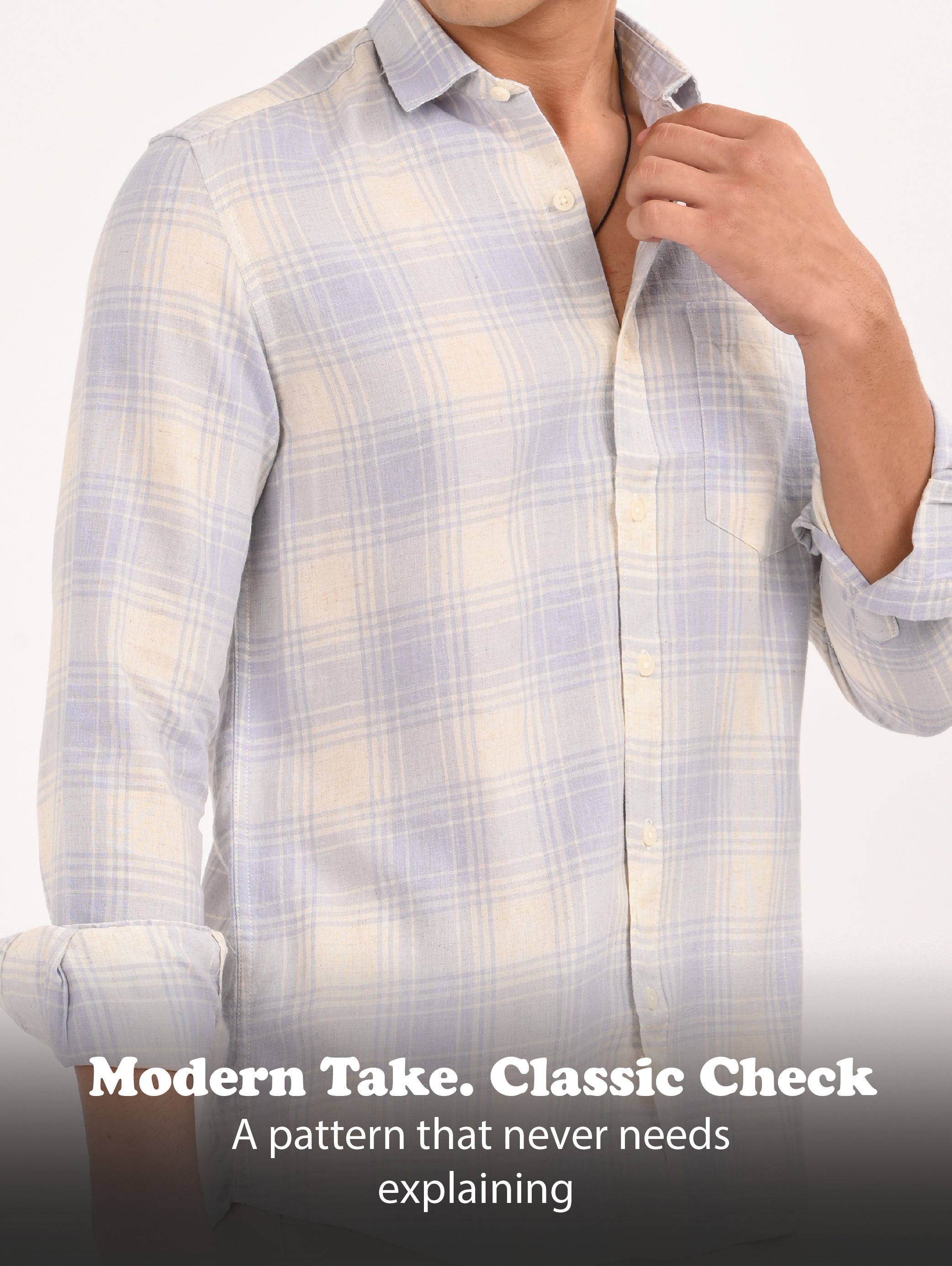 Men Blue Linen Cotton Checked Shirt