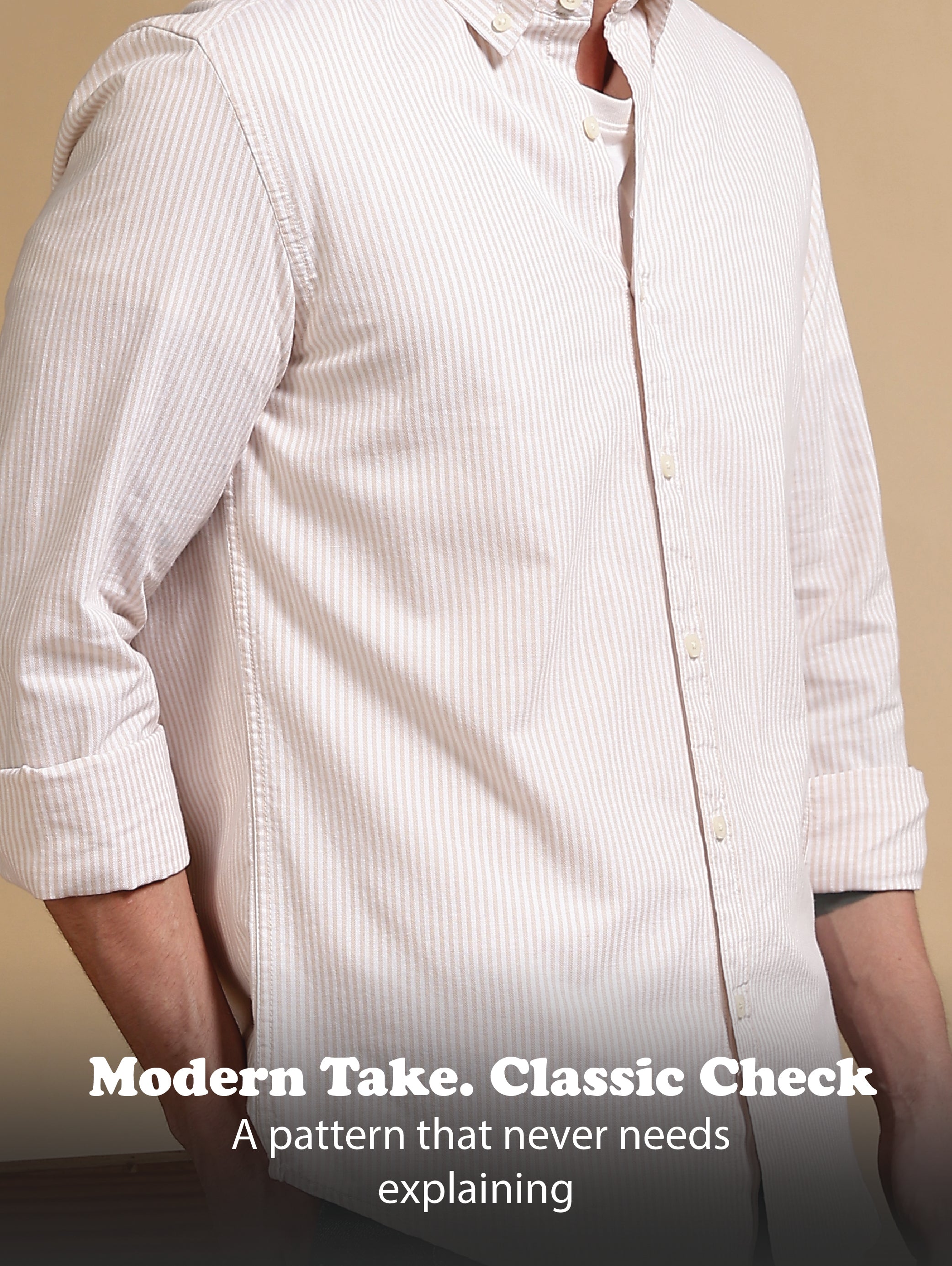 Men Cream Cotton Oxford Slim Fit Striped Shirt