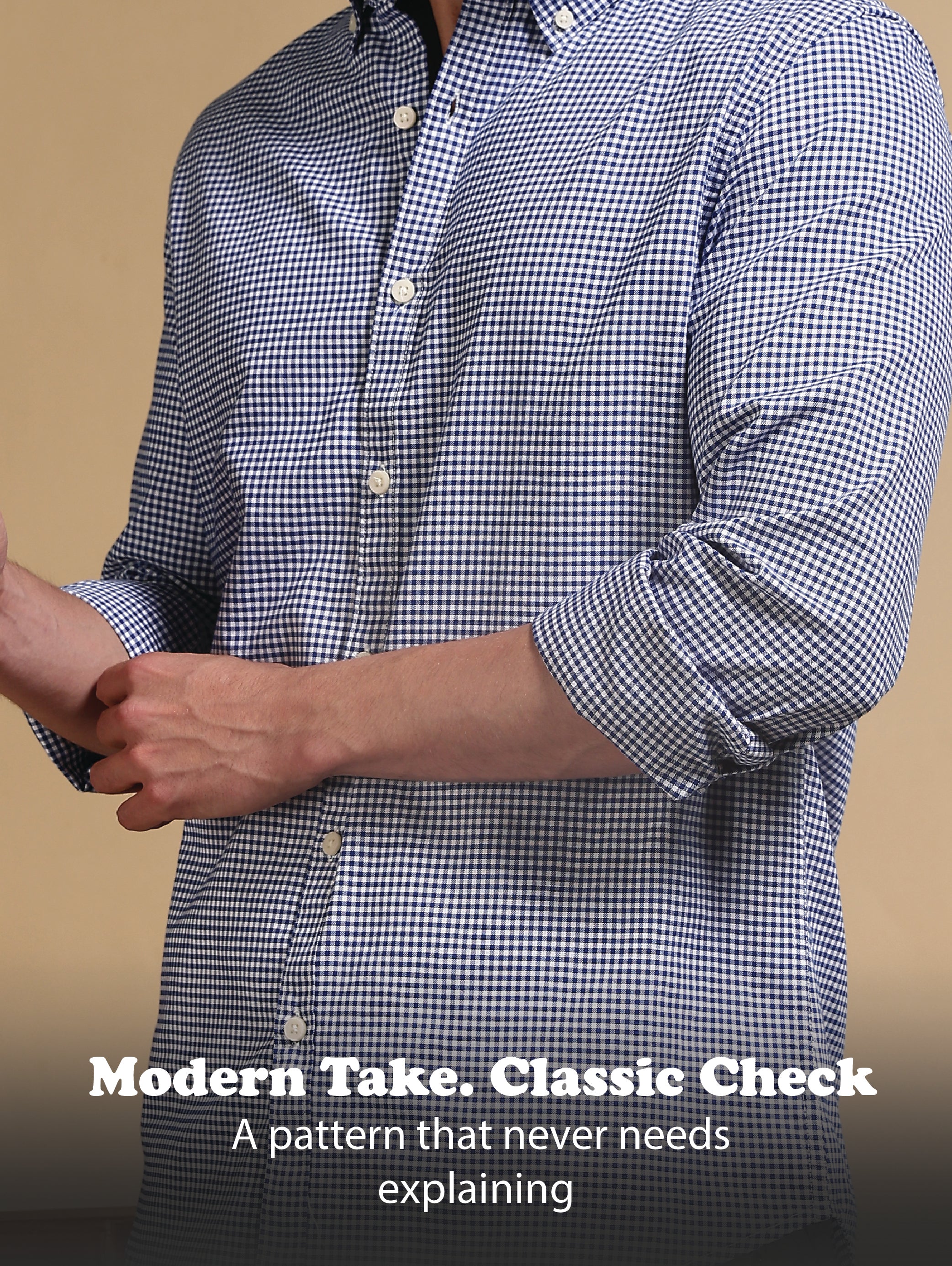 Men Navy Blue Cotton Oxford Slim Fit Mini Checks Shirt