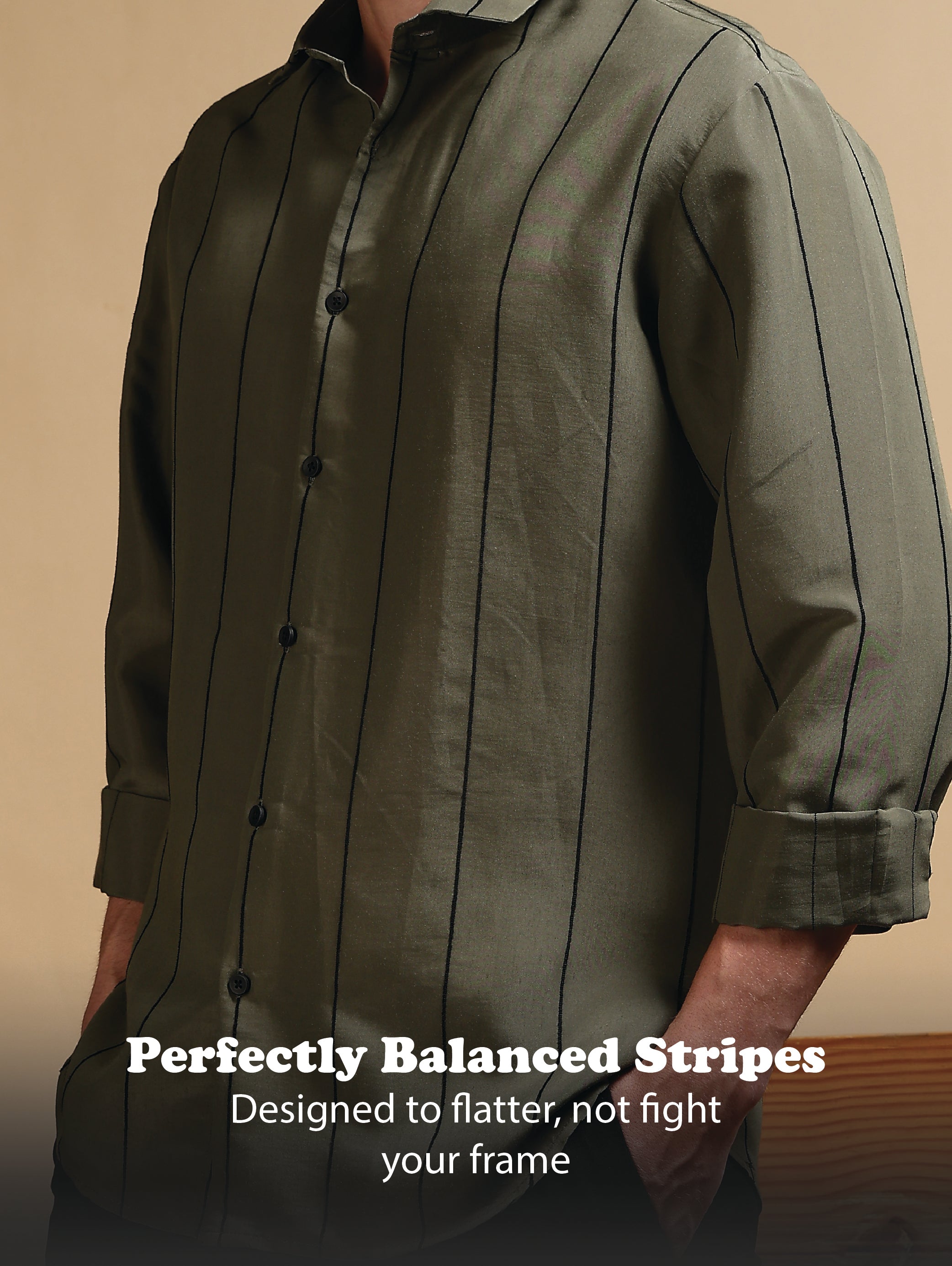 Men Olive Nylon Slim Fit Striped Shirt
