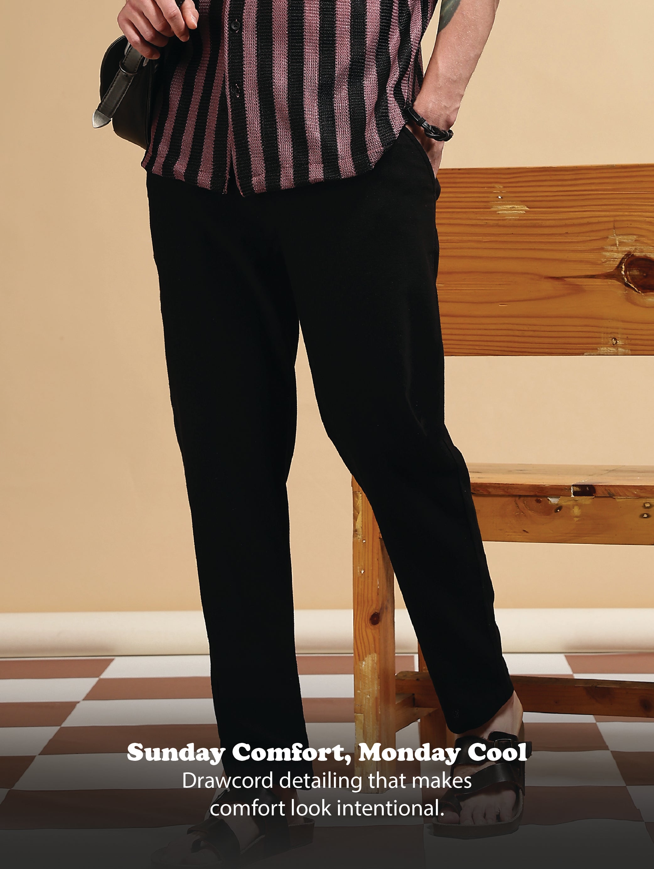 Men Black Cotton Loose Fit Drawcord Pants