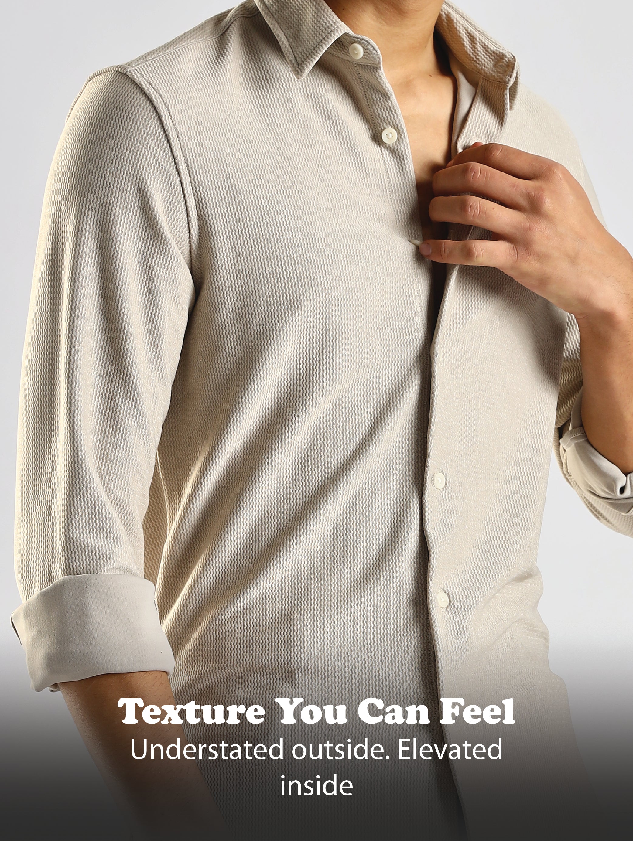 Men Cream Textured Spread Collar Shirt