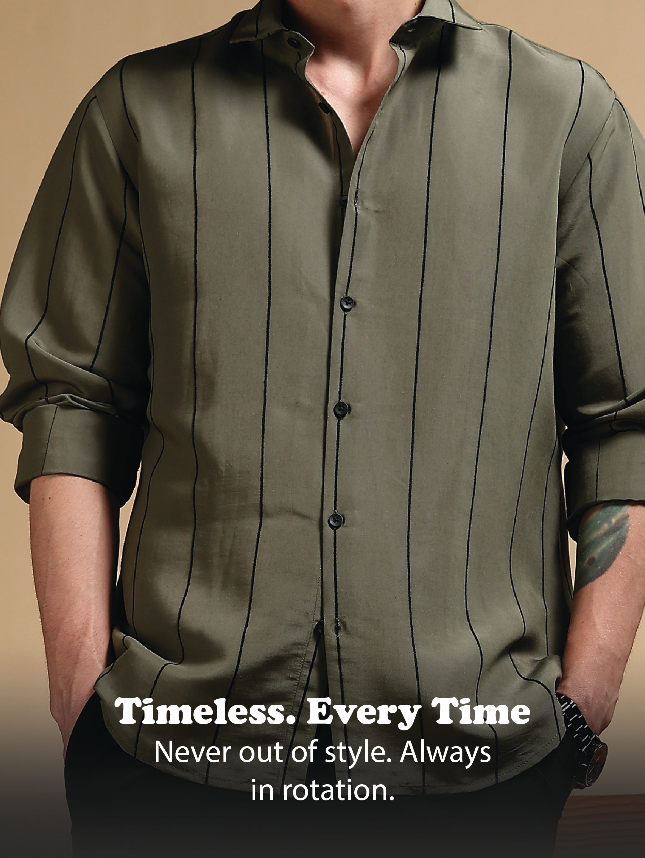 Men Olive Nylon Slim Fit Striped Shirt