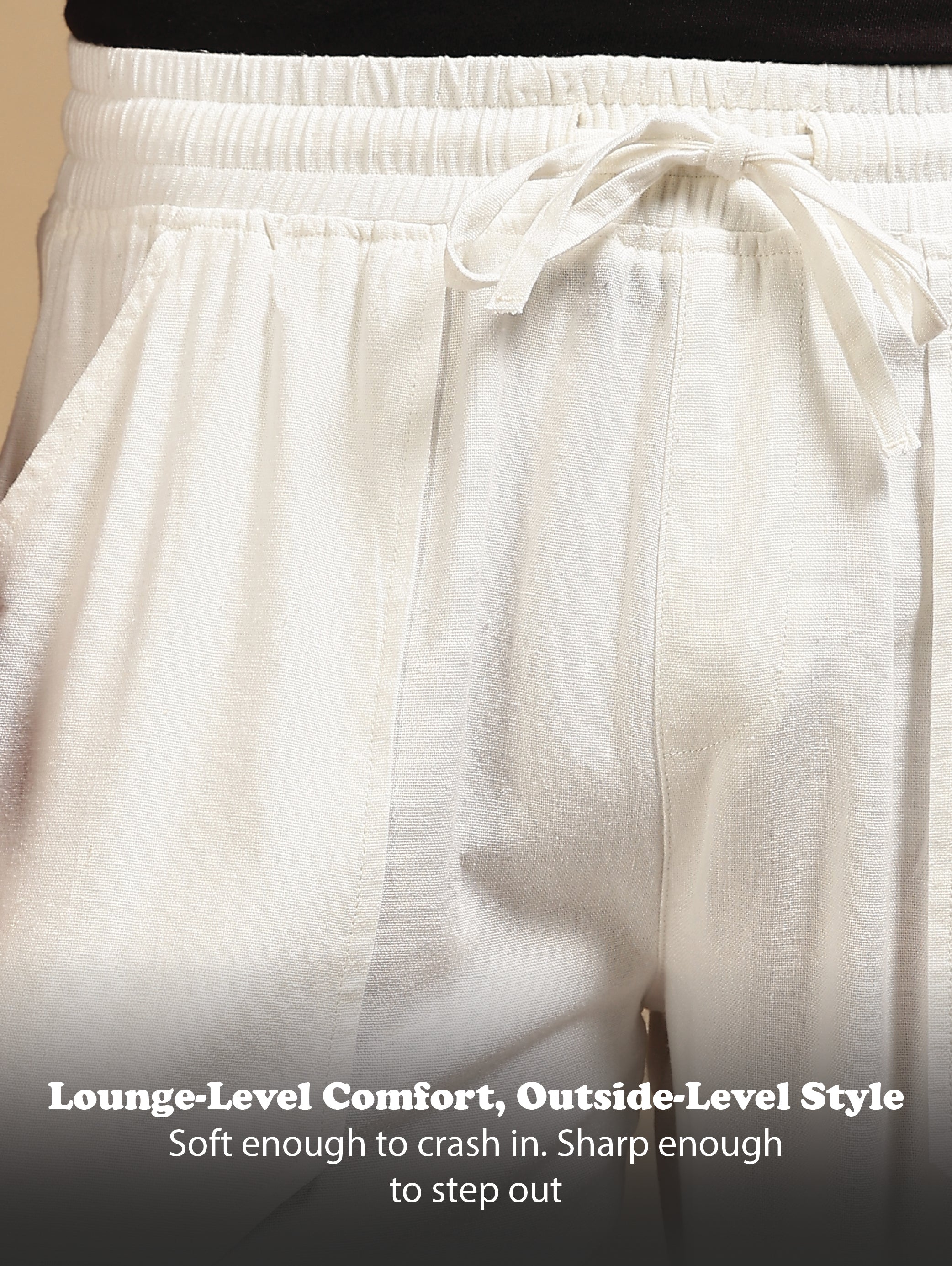 Men White Linen Blend Loose Fit Drawcord Trousers