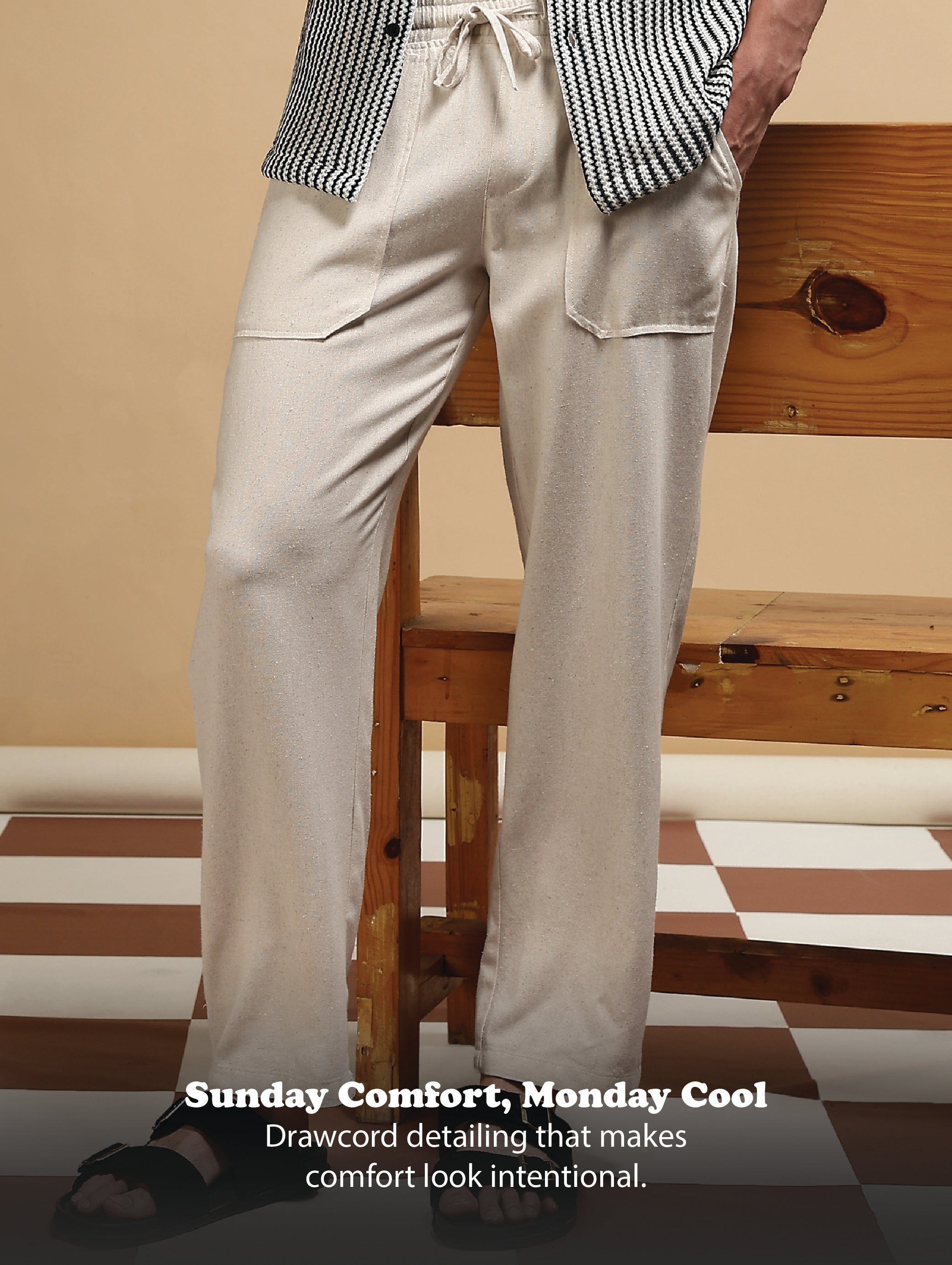 Men Cream Linen Blend Loose Fit Drawcord Trousers