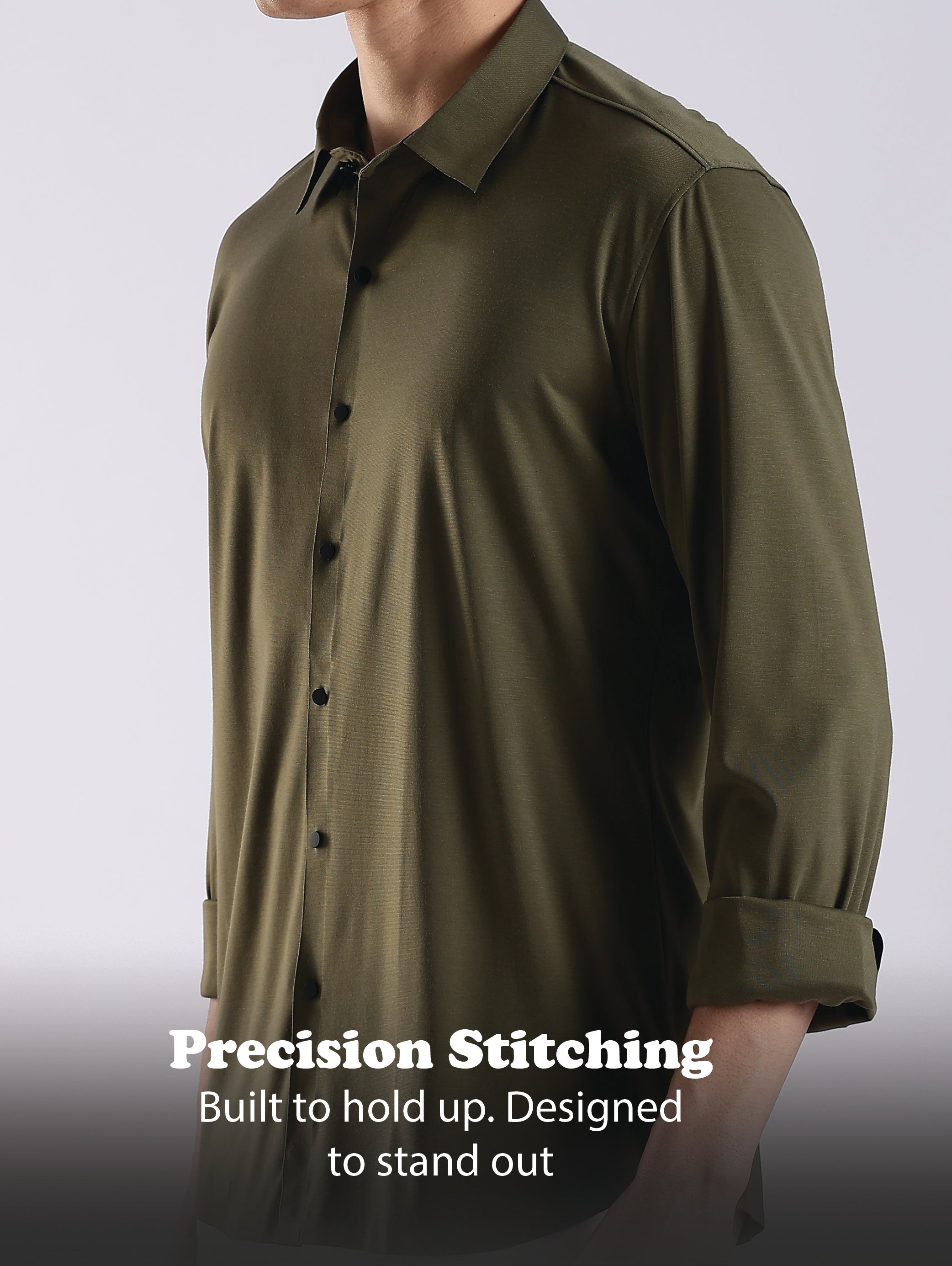 Men Olive Knitted Slim Fit Shirt