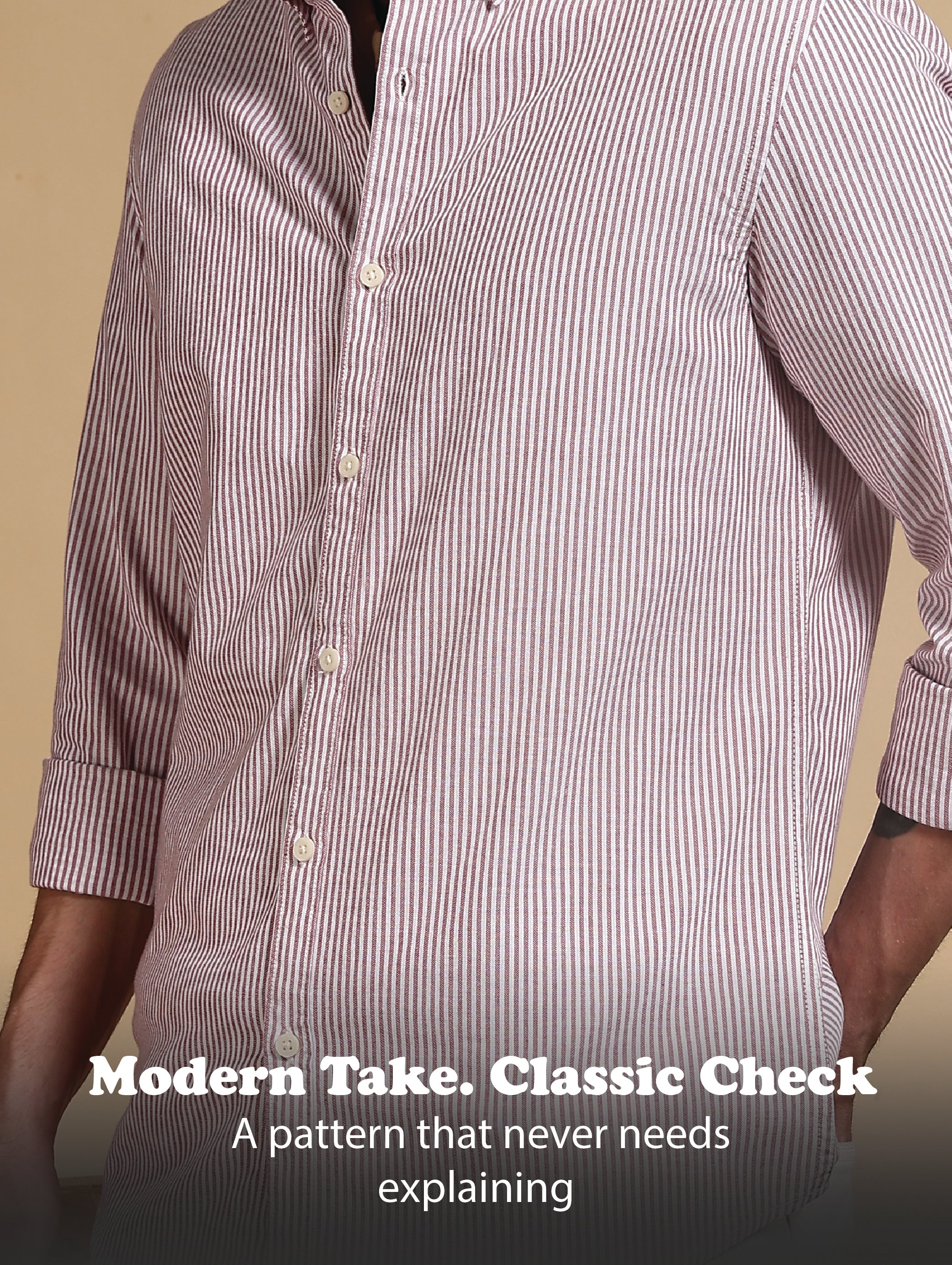 Men Red Cotton Oxford Slim Fit Striped Shirt