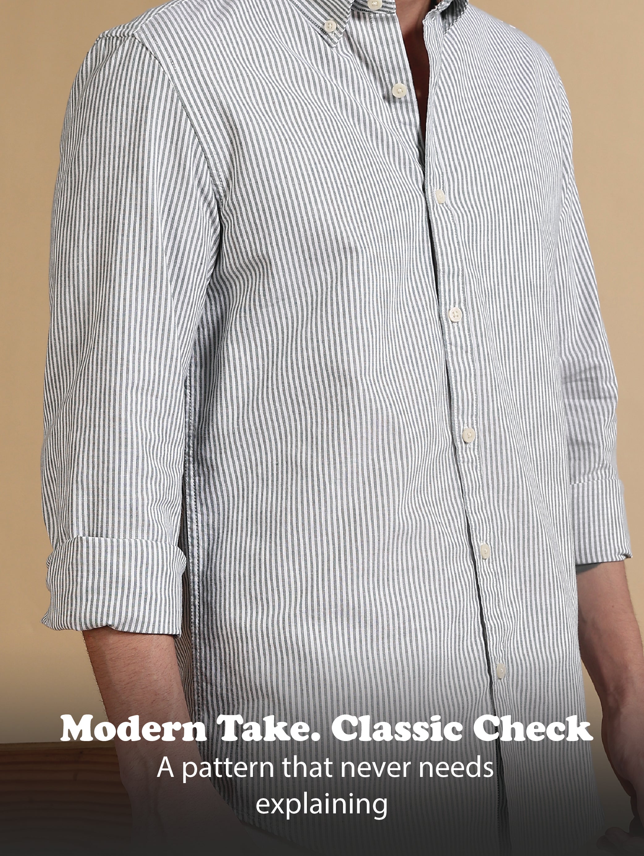 Men Green Cotton Oxford Slim Fit Striped Shirt