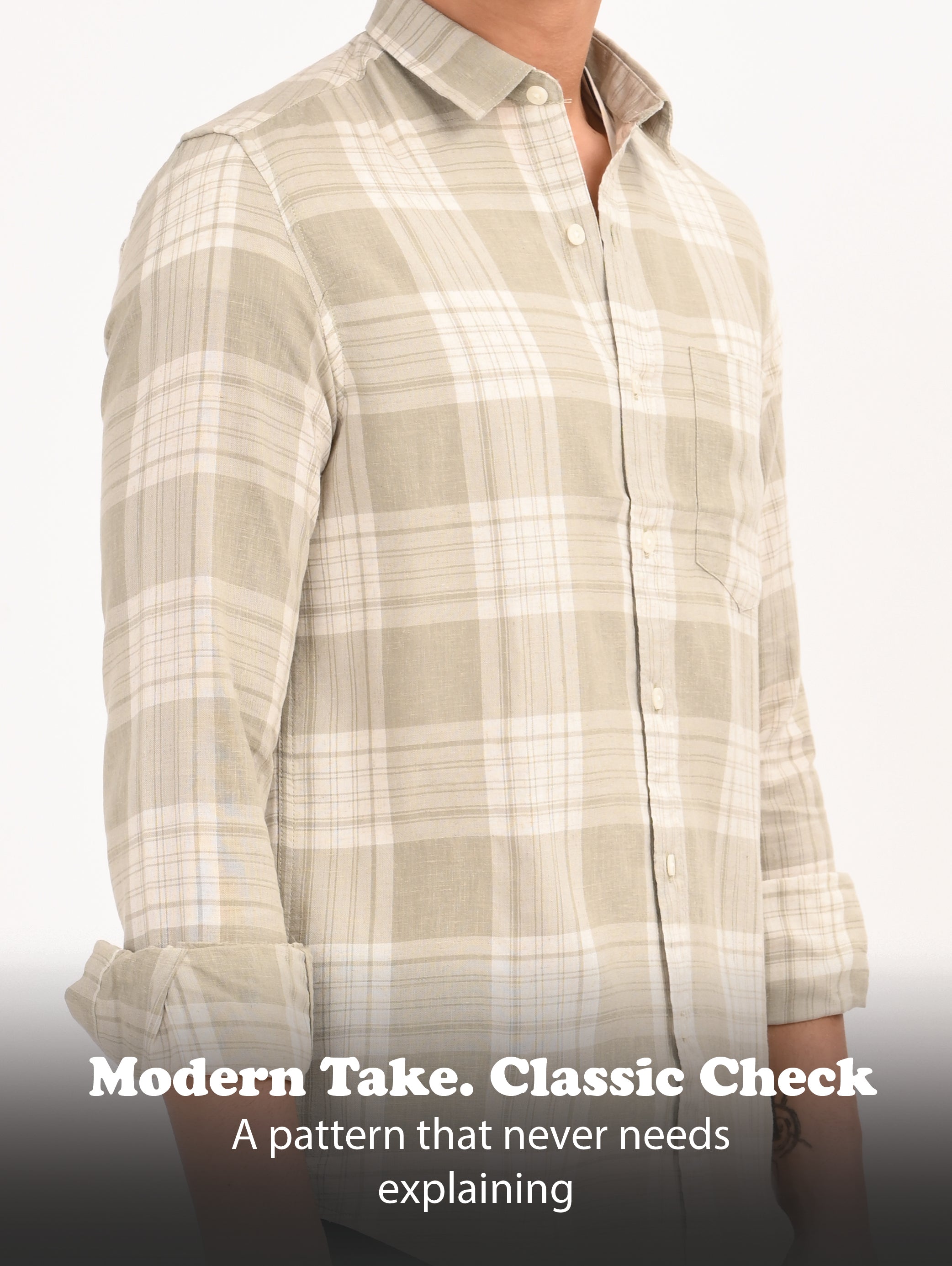 Men Green Linen Cotton Checked Shirt