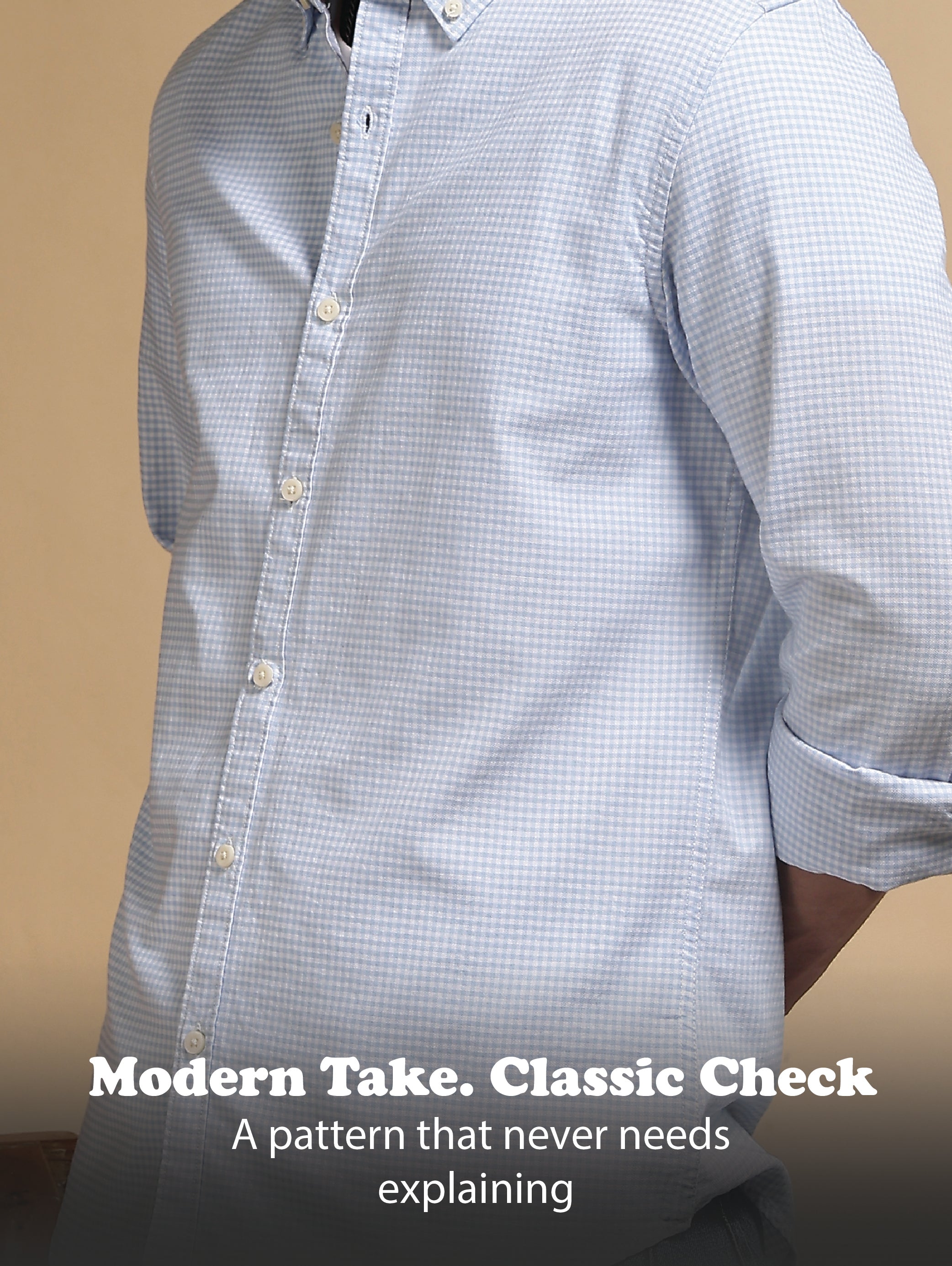 Men Blue Cotton Oxford Slim Fit Mini Checks Shirt
