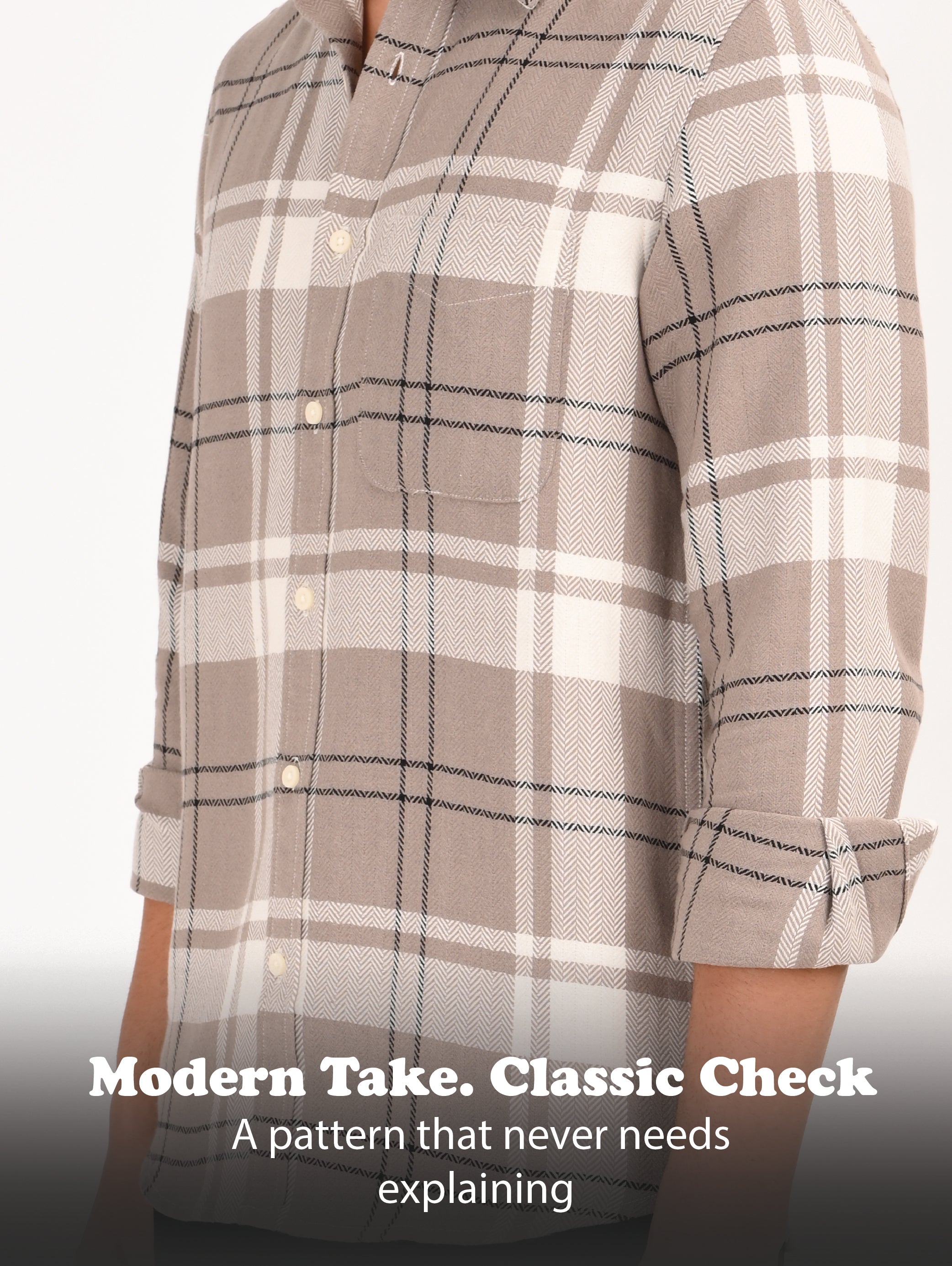 Men Beige Herringbone Checked Shirt