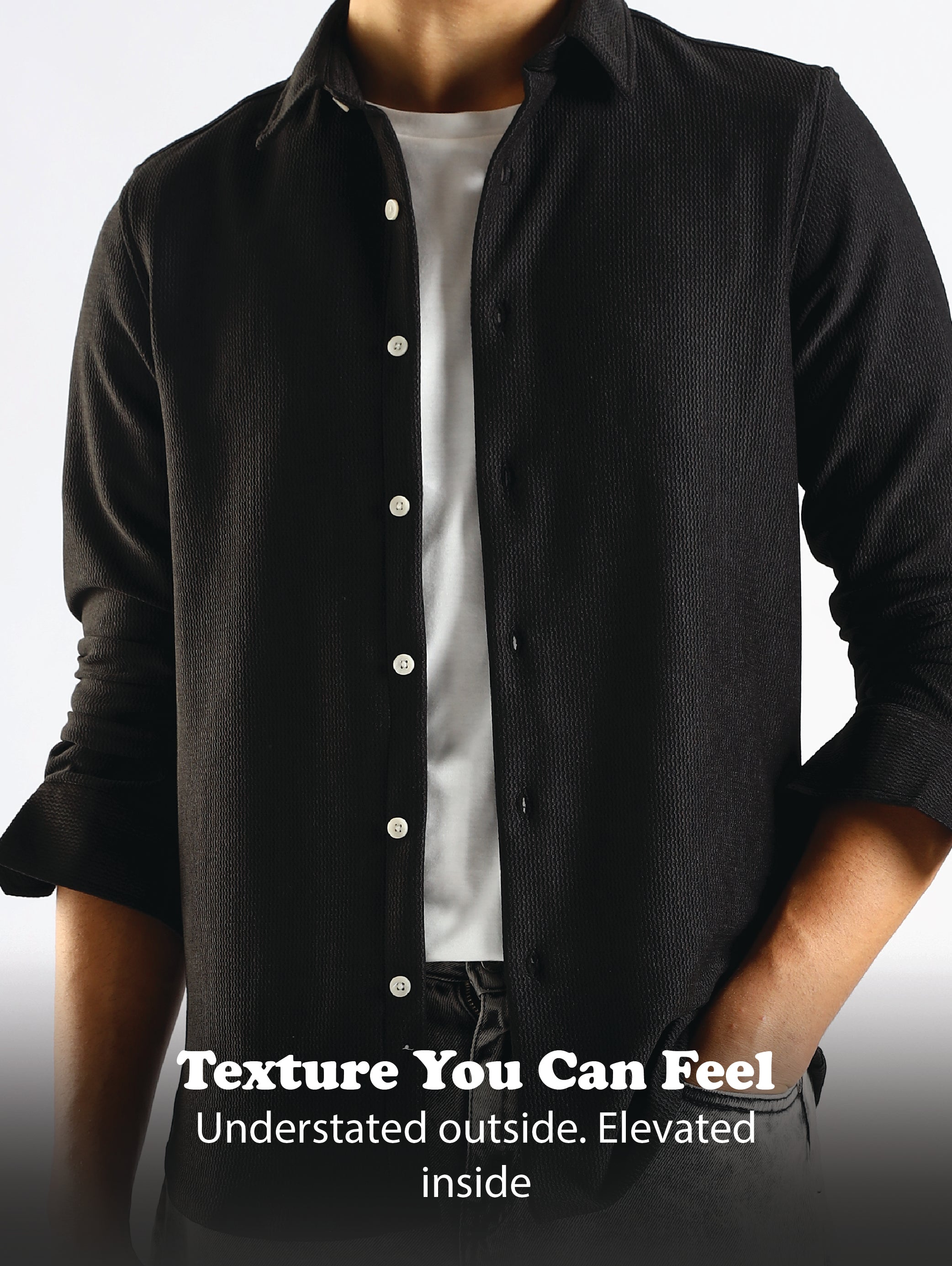 Men Black Textured Spread Collar Shirt