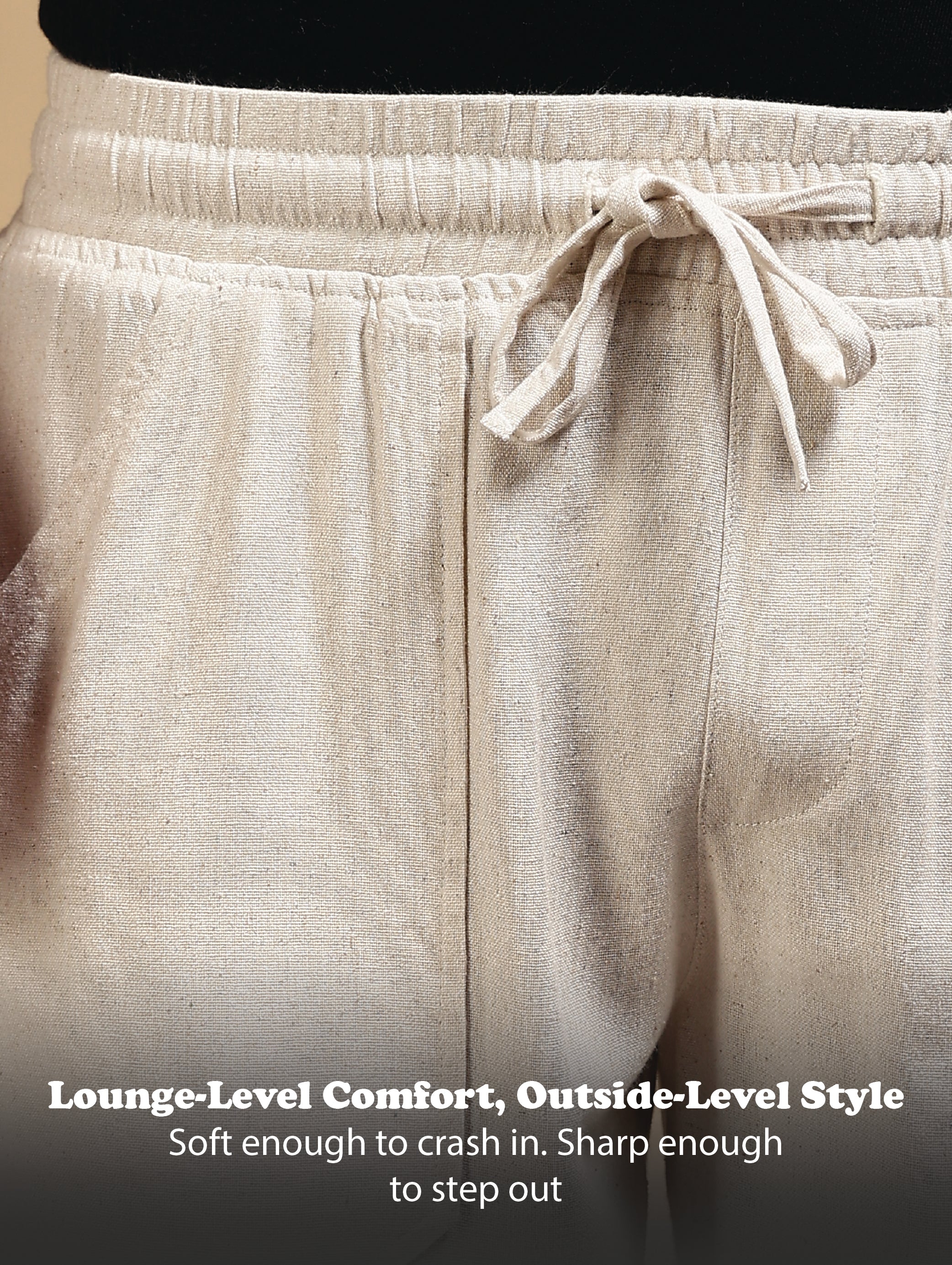Men Cream Linen Blend Loose Fit Drawcord Trousers