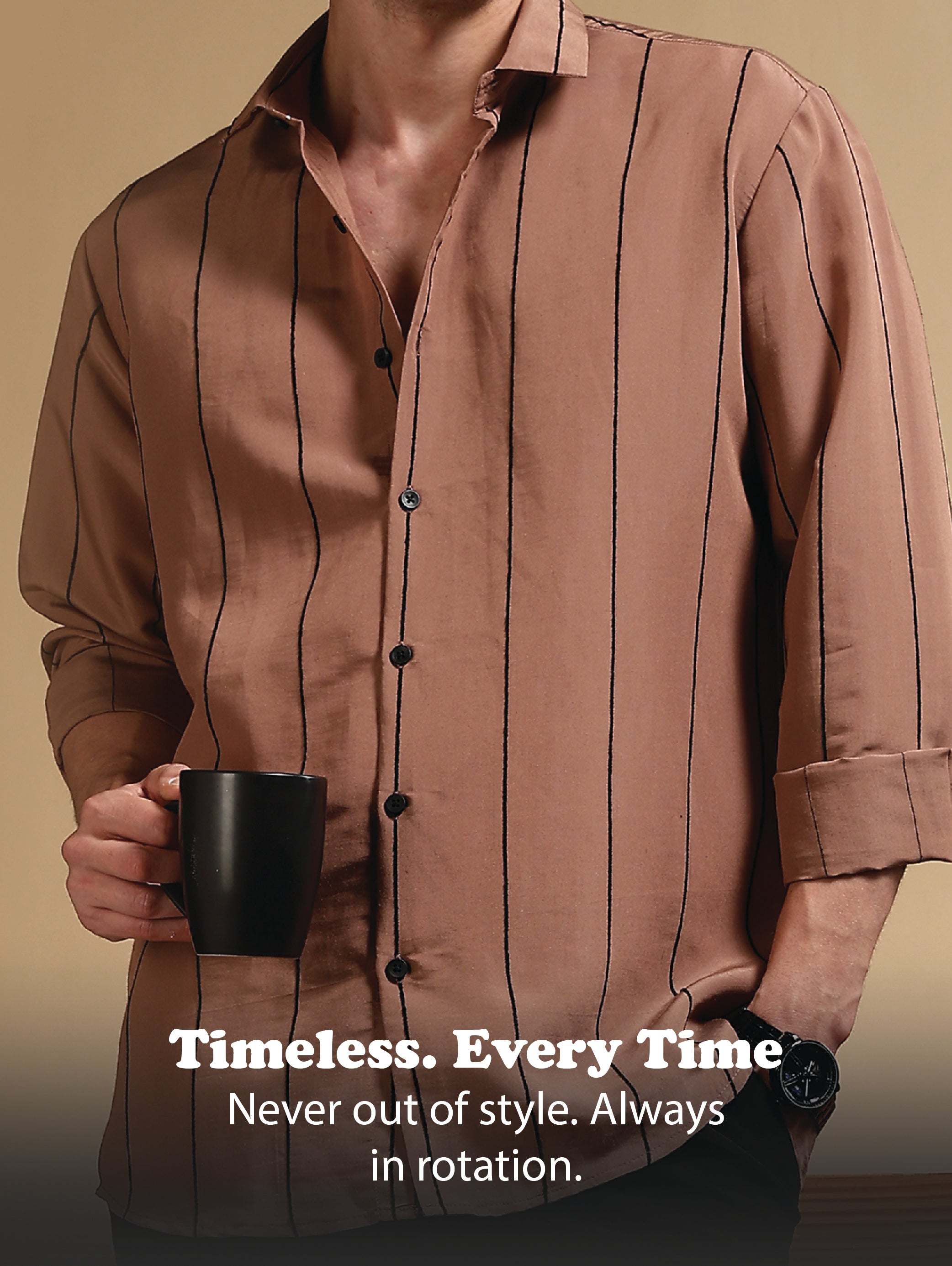 Men Brown Nylon Slim Fit Striped Shirt