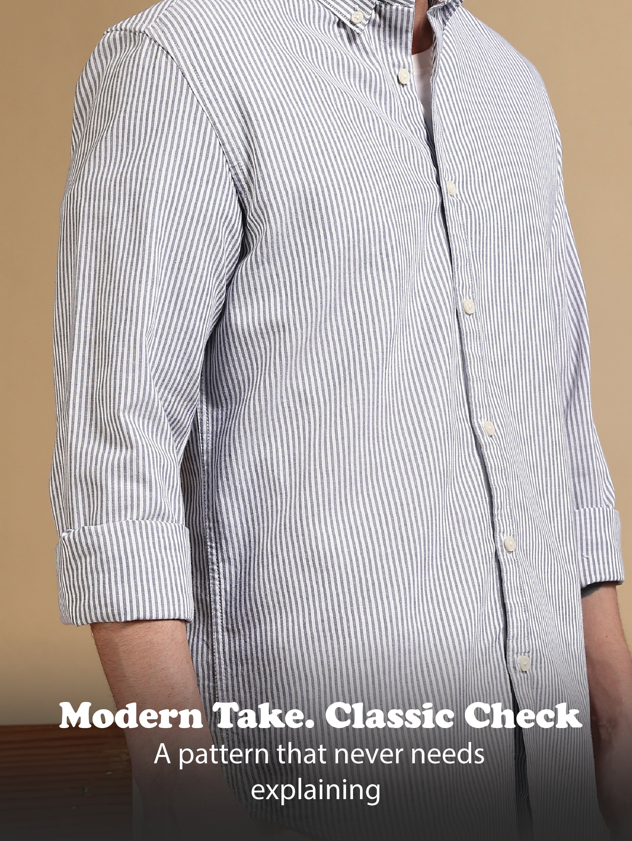 Men Navy Blue Cotton Oxford Slim Fit Striped Shirt