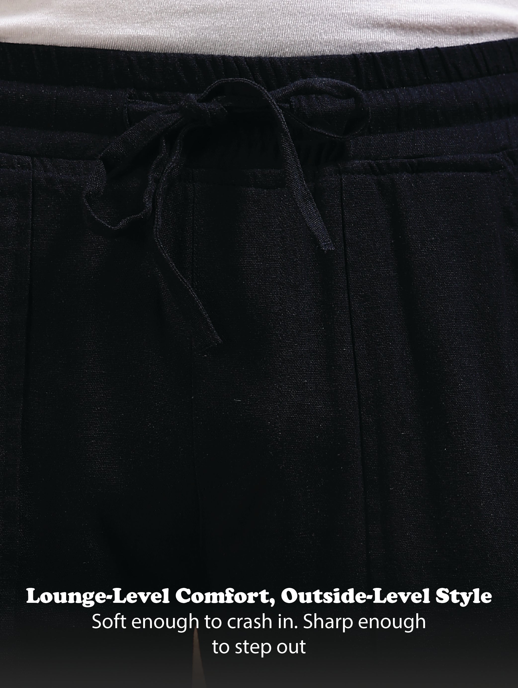 Men Navy Blue Linen Blend Loose Fit Drawcord Trousers