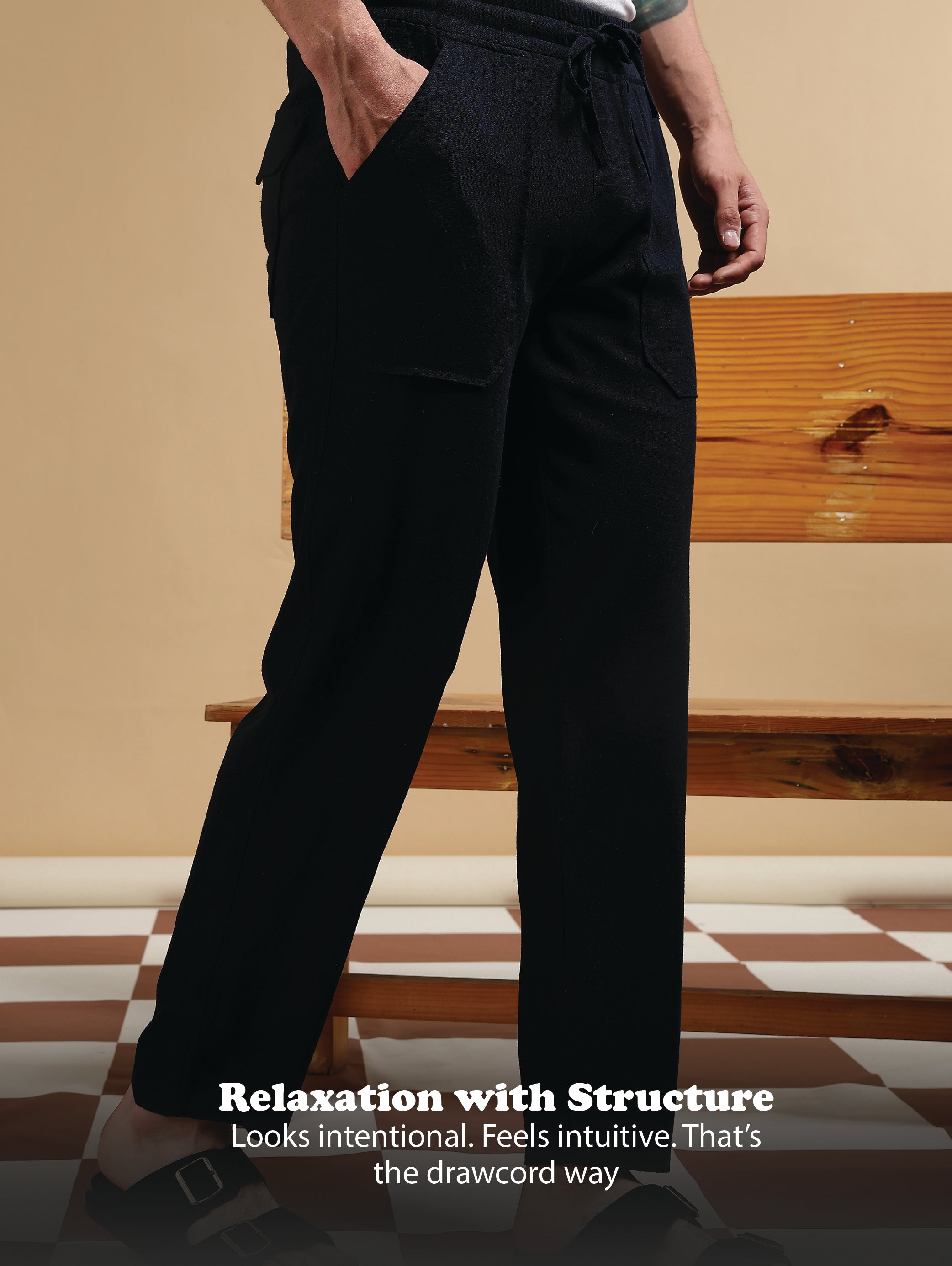 Men Navy Blue Linen Blend Loose Fit Drawcord Trousers