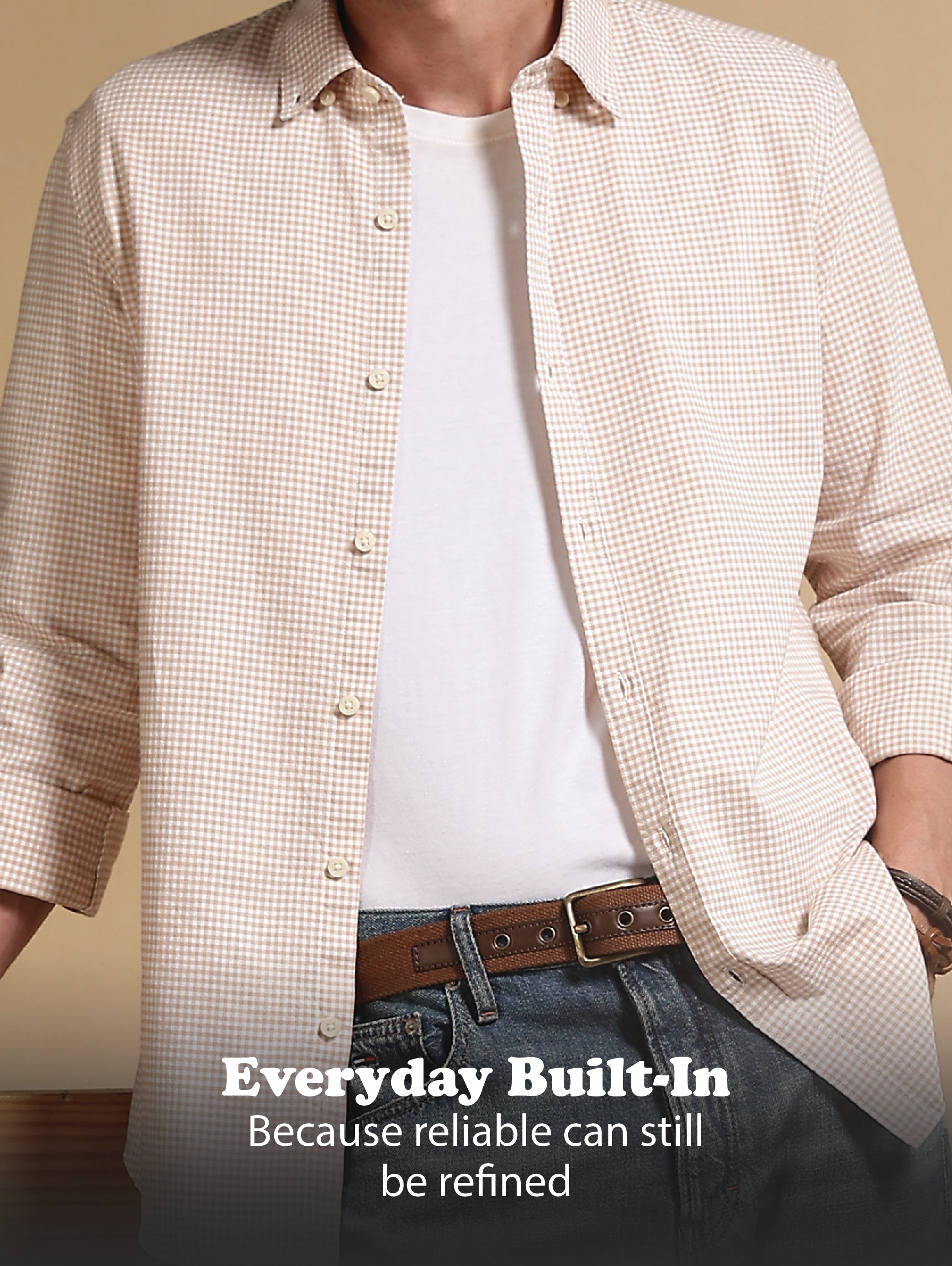 Men Cream Cotton Oxford Slim Fit Mini Checks Shirt