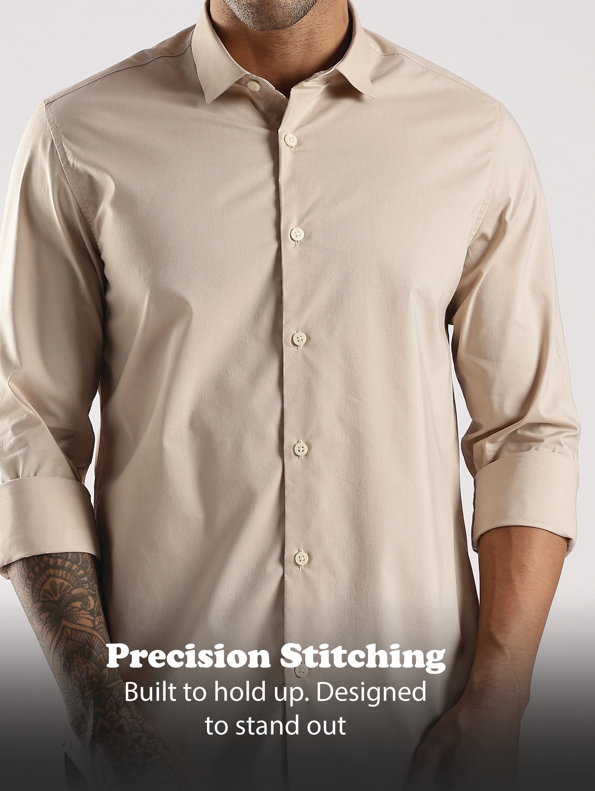 Men Cream Cotton Slim Fit Shirt