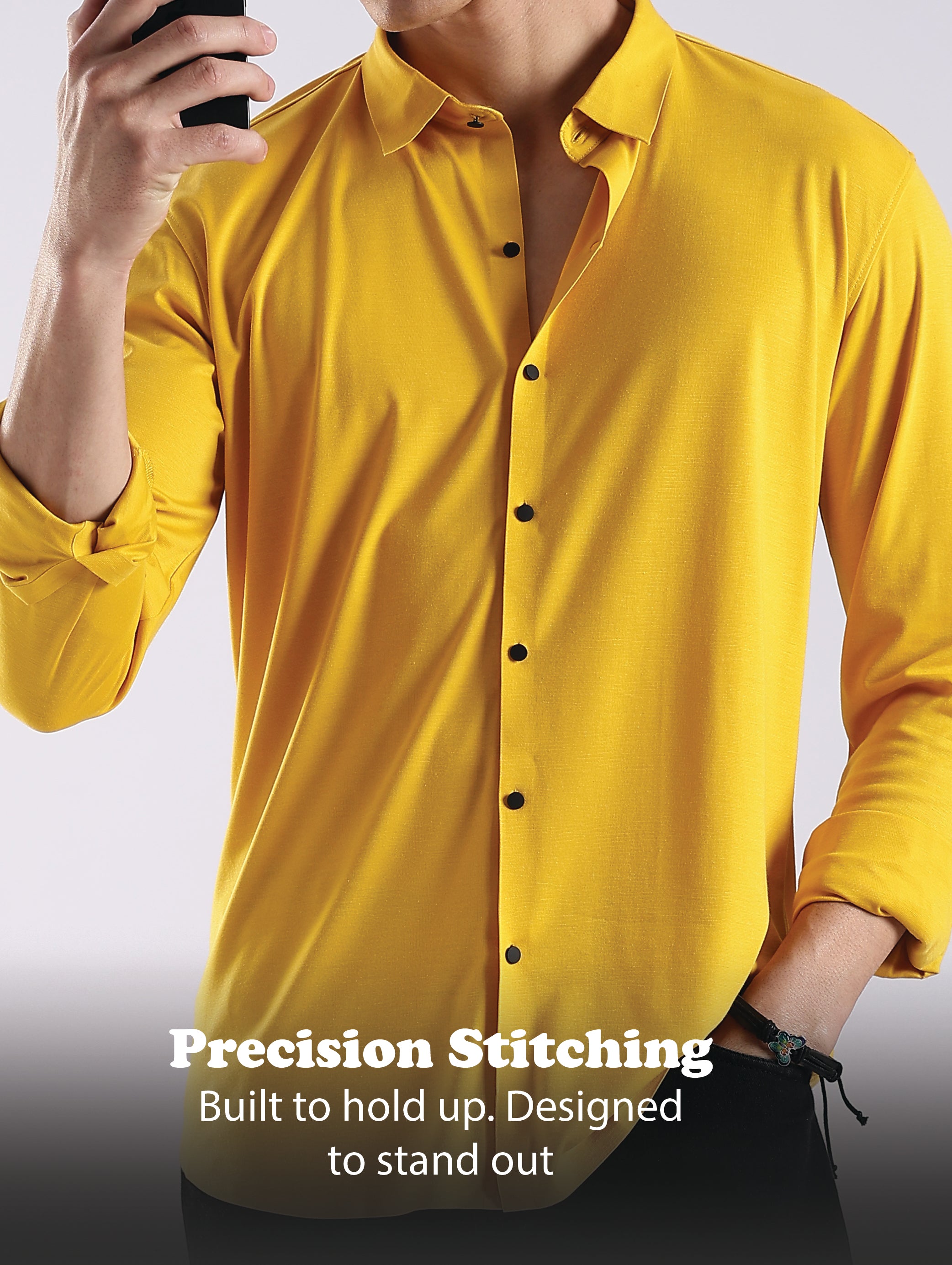 Men Yellow Knitted Slim Fit Shirt