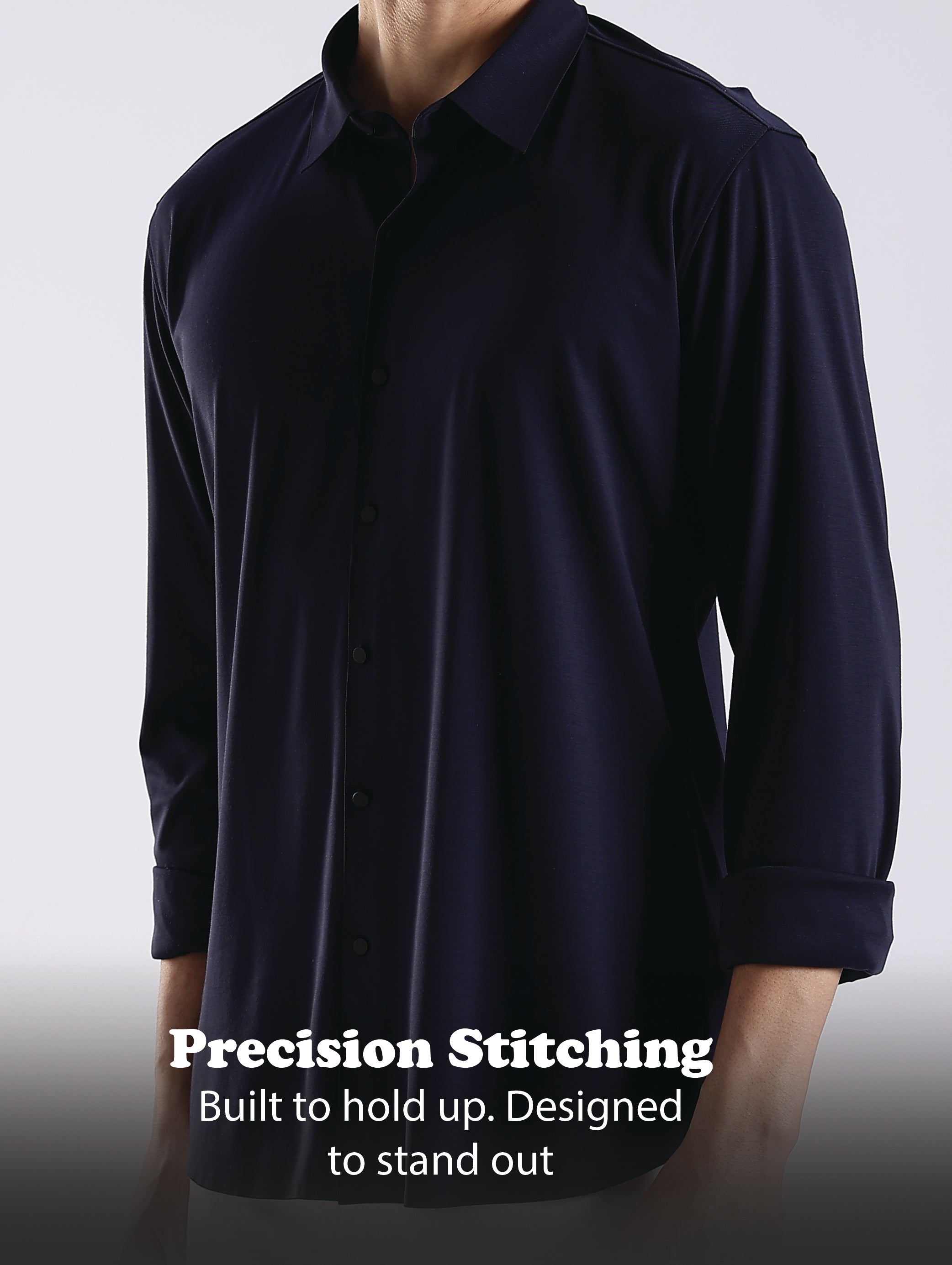 Men Navy Blue Knitted Slim Fit Shirt