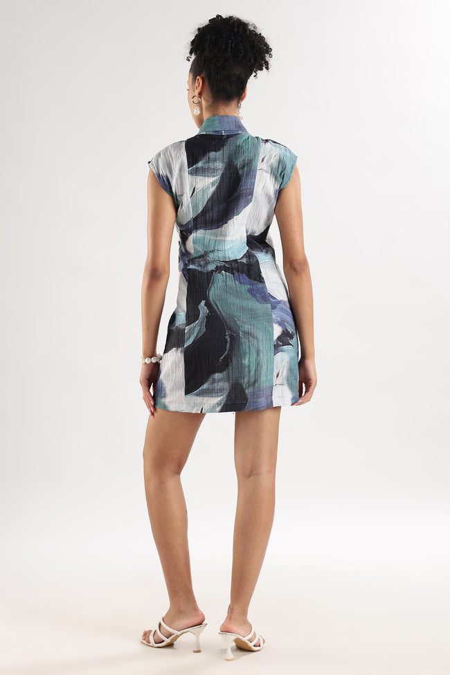 Women Blue Wrap Collar Dress